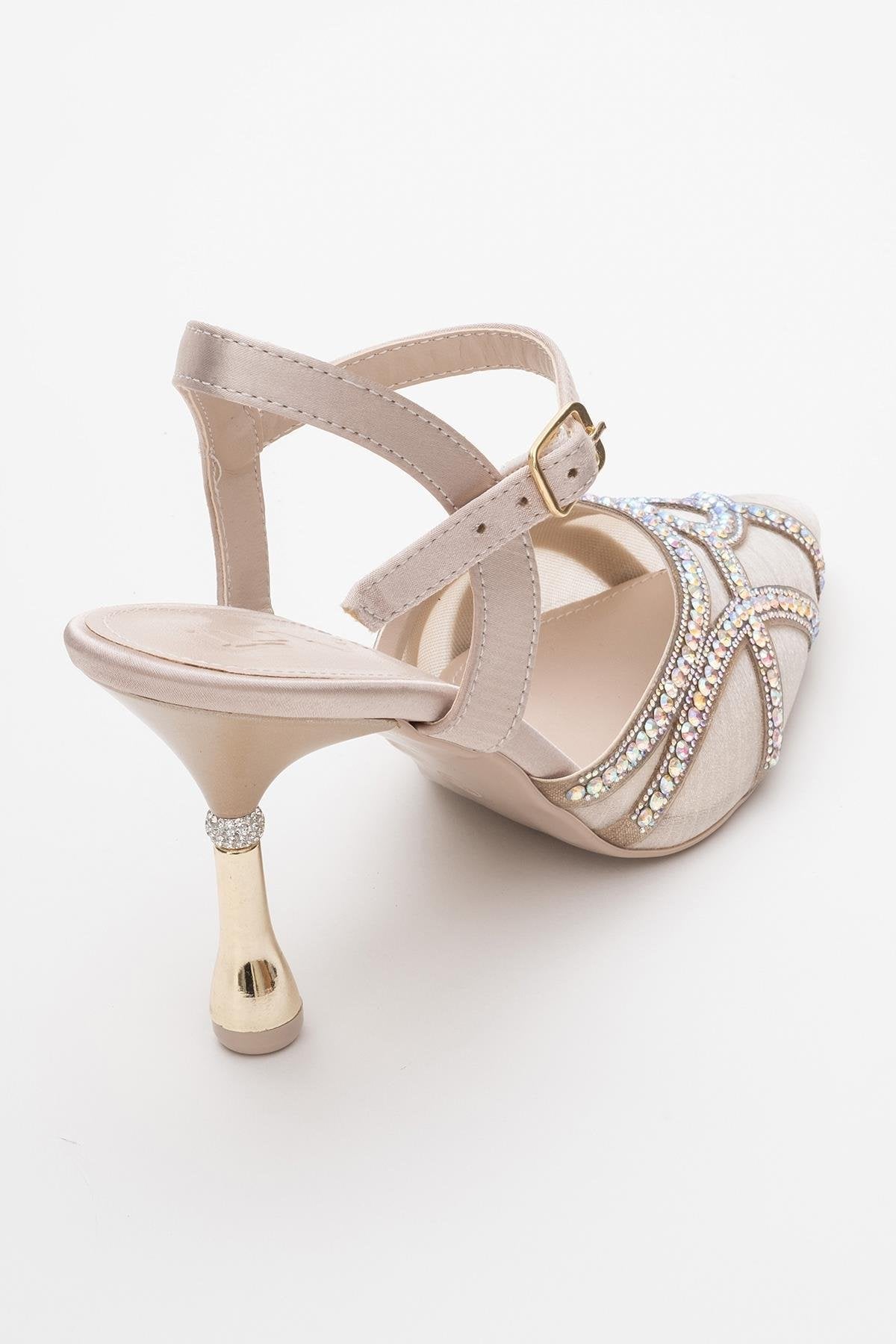 Volby - Beige Embellished Evening Shoe – back view showing crystal, satin, leather, Vowalisse