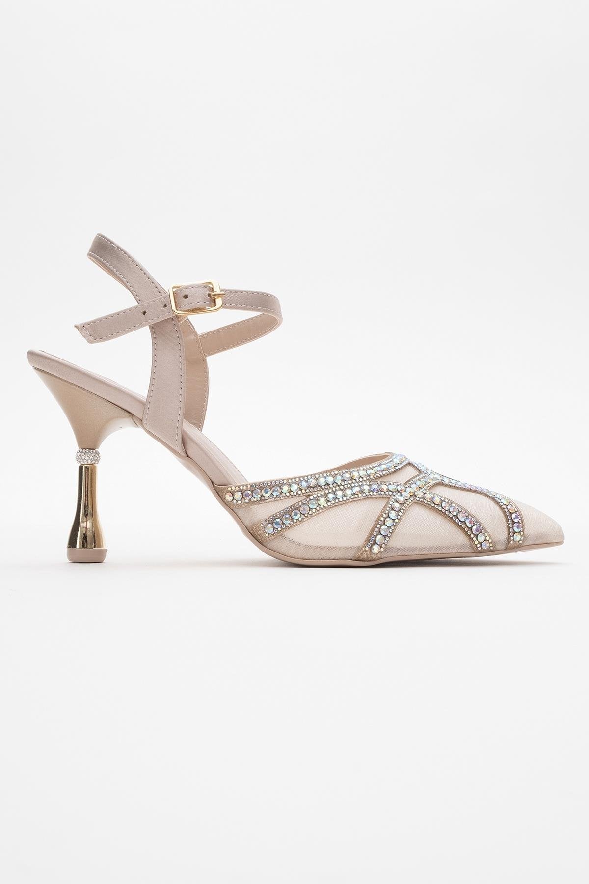 Volby - Beige Embellished Evening Shoe – top view showing crystal, satin, leather, Vowalisse