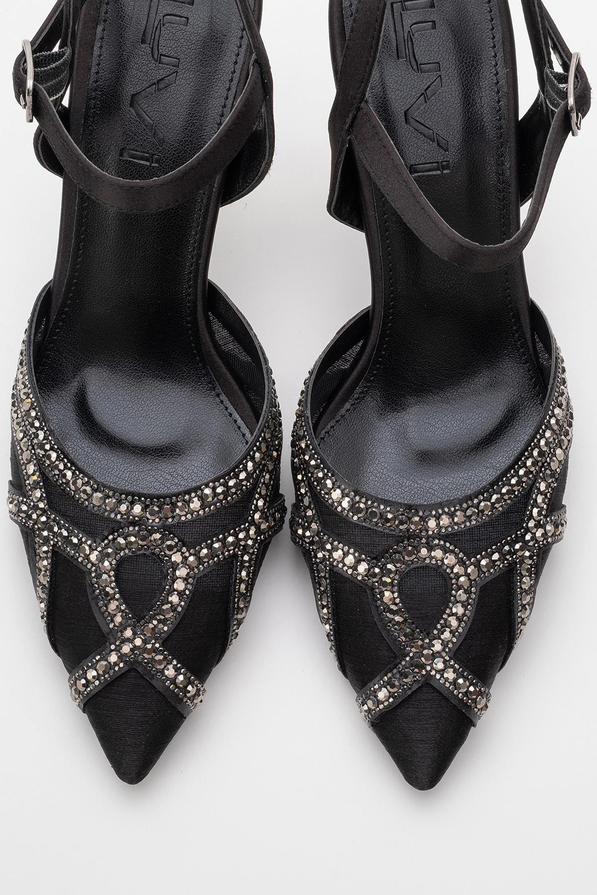 Volby - Black Embellished Evening Shoe – side view showing satin, leather, black, Vowalisse