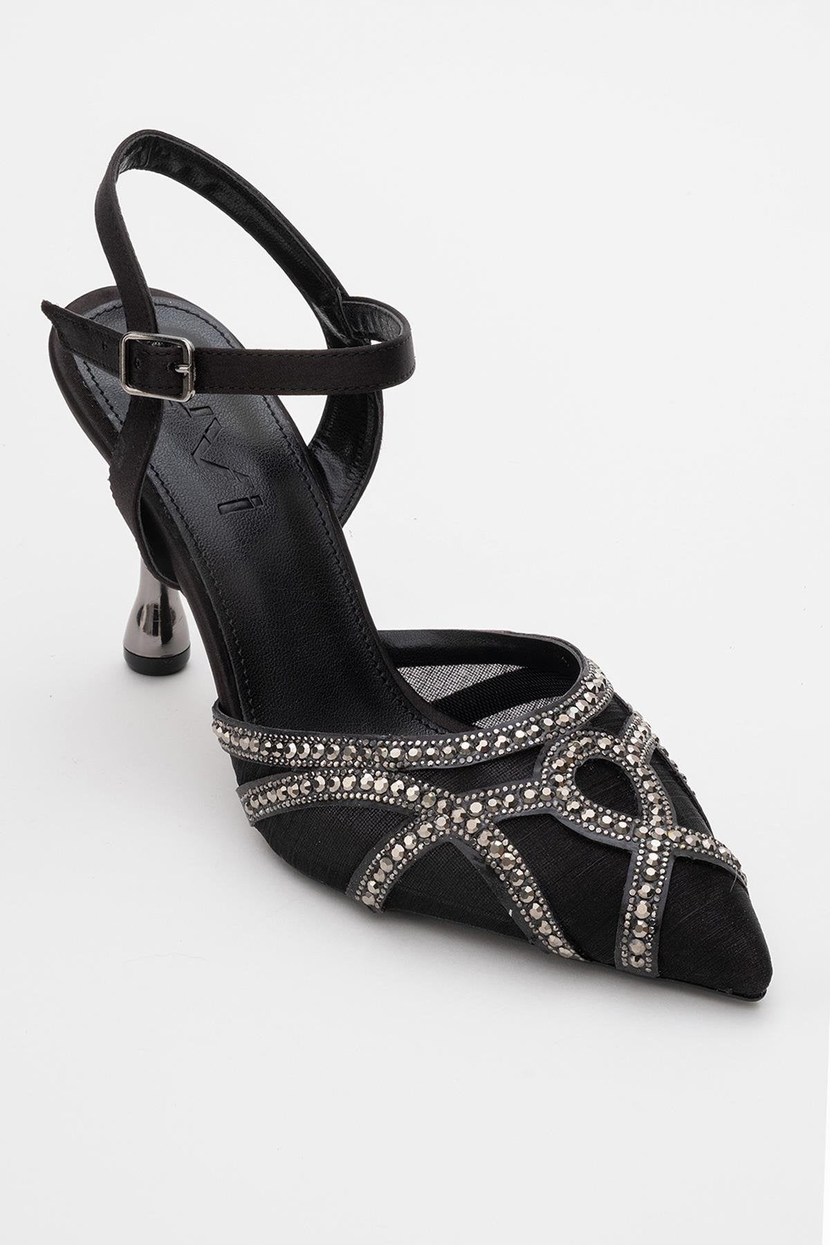 Volby - Black Embellished Evening Shoe – detail view showing satin, leather, black, Vowalisse