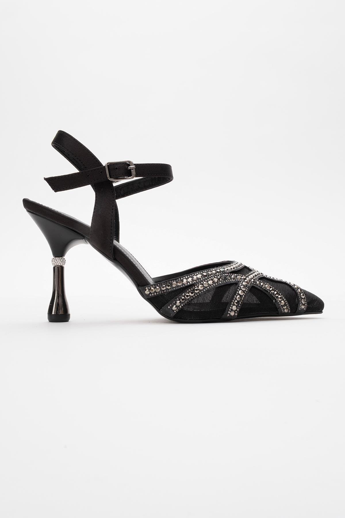 Volby - Black Embellished Evening Shoe – top view showing satin, leather, black, Vowalisse