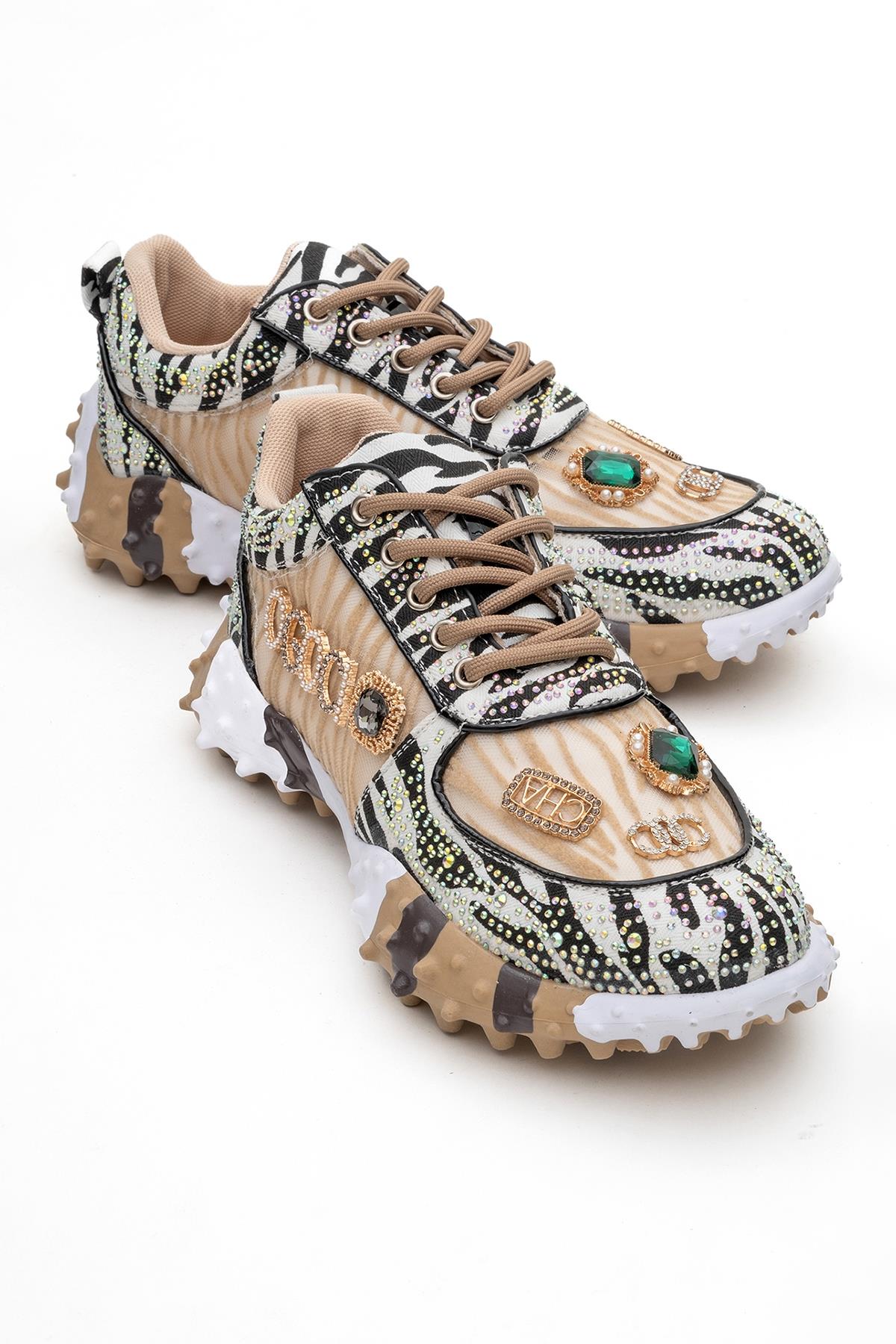 Vero - Beige Patterned Jeweled Sneaker – front three-quarter view showing leather, mesh, Vowalisse