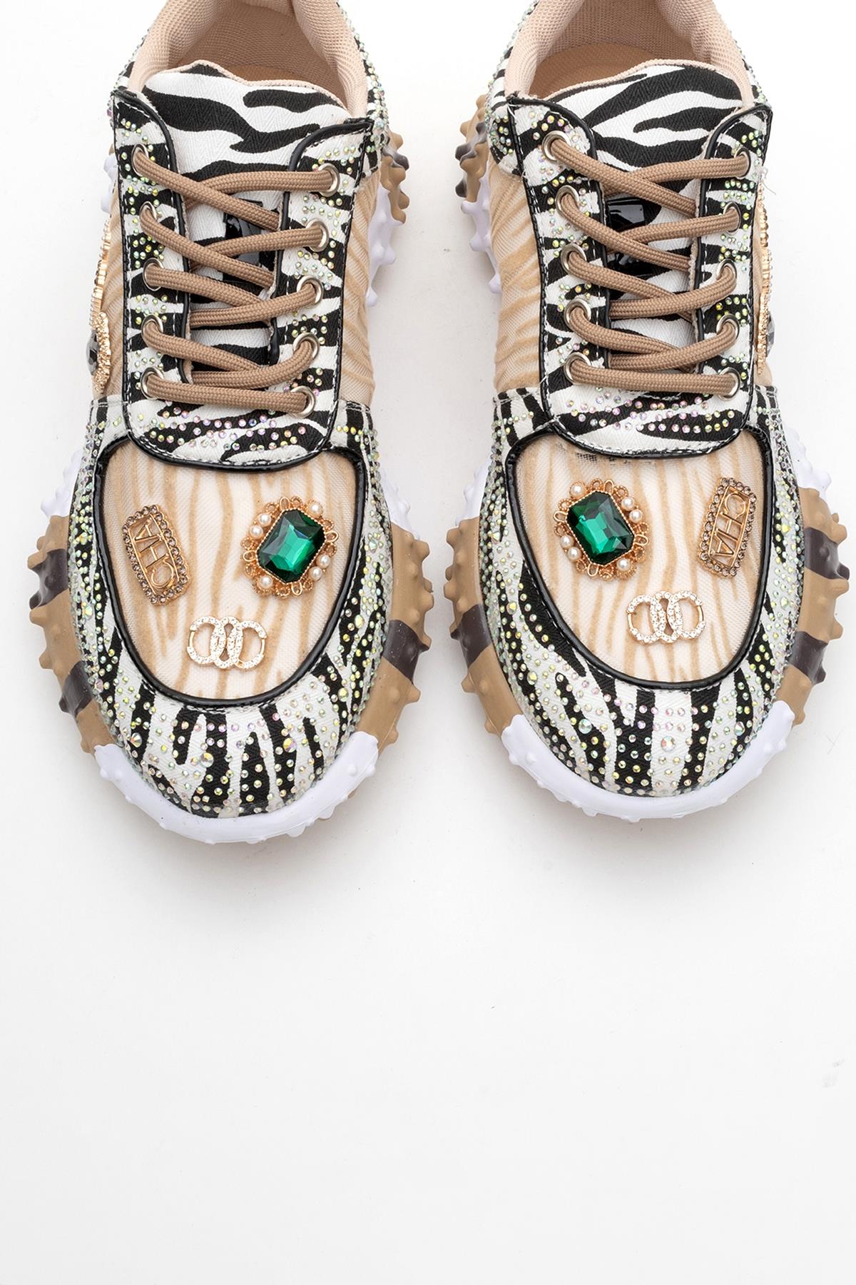 Vero - Beige Patterned Jeweled Sneaker – side view showing leather, mesh, Vowalisse