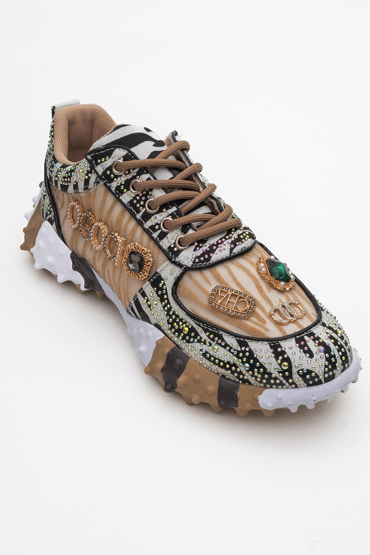 Vero - Beige Patterned Jeweled Sneaker – detail view showing leather, mesh, Vowalisse