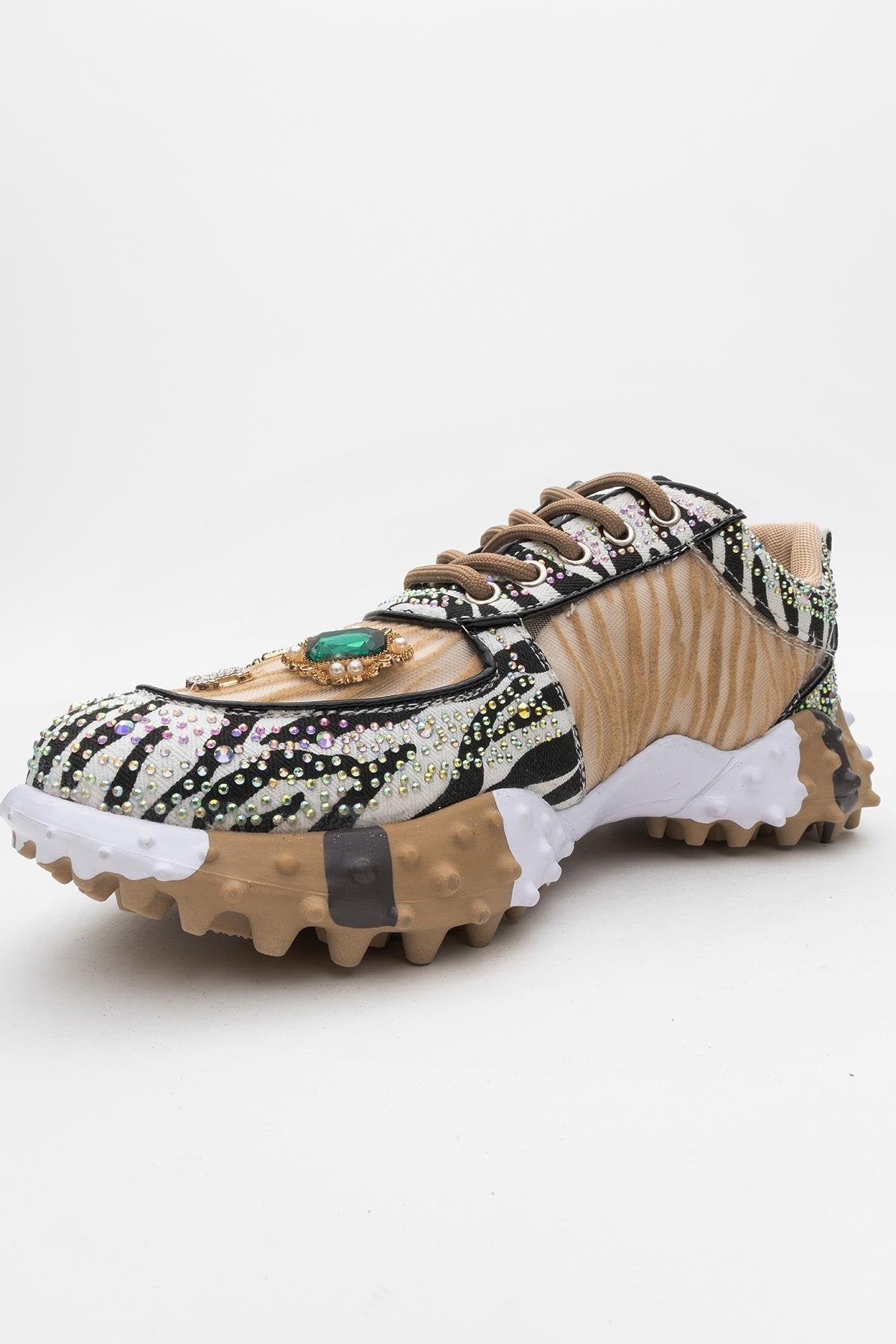 Vero - Beige Patterned Jeweled Sneaker – heel view showing leather, mesh, Vowalisse