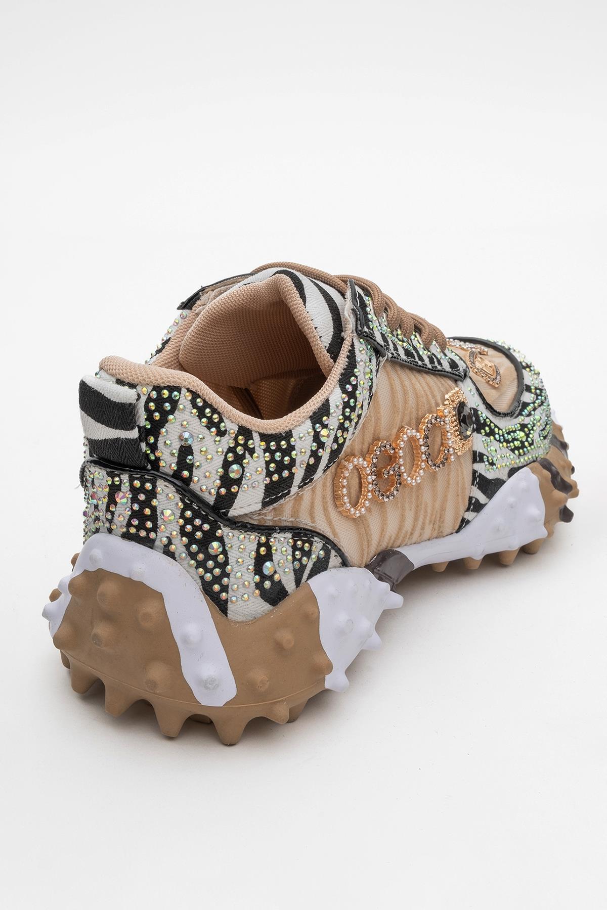 Vero - Beige Patterned Jeweled Sneaker – back view showing leather, mesh, Vowalisse