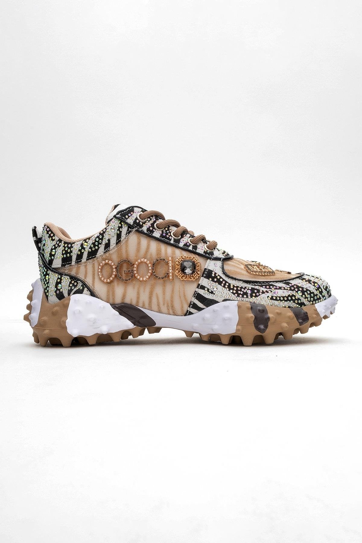 Vero - Beige Patterned Jeweled Sneaker – top view showing leather, mesh, Vowalisse