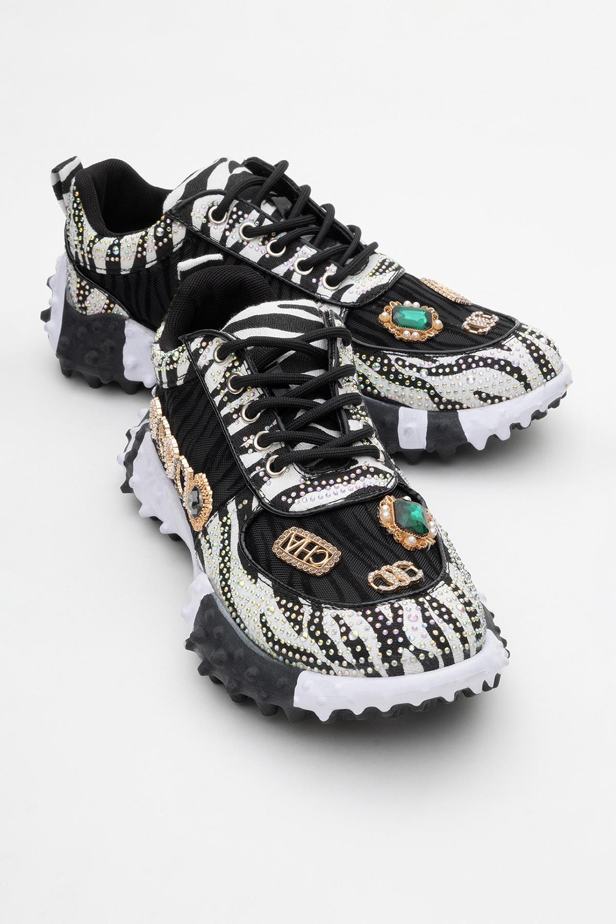 Vero - Black Patterned Jeweled Sneaker – front three-quarter view showing leather, mesh, black, Vowalisse