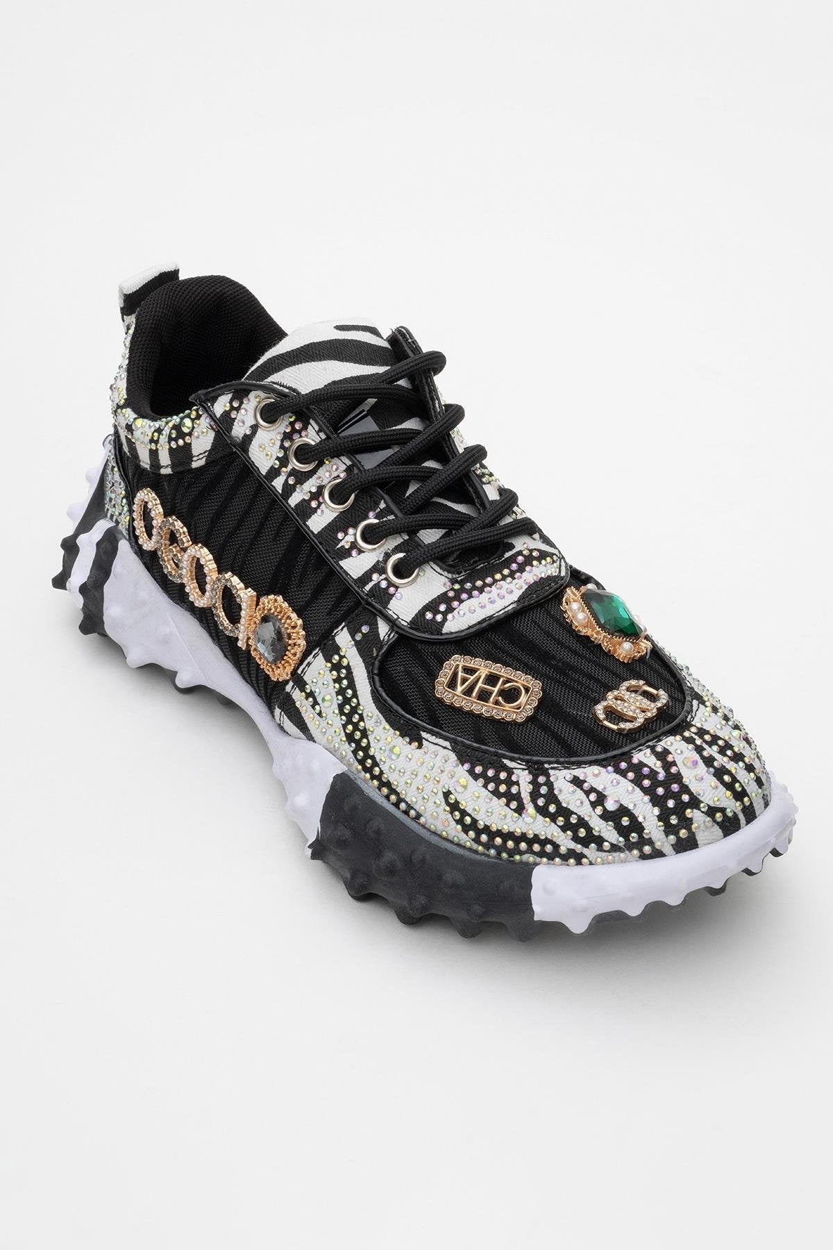 Vero - Black Patterned Jeweled Sneaker – detail view showing leather, mesh, black, Vowalisse