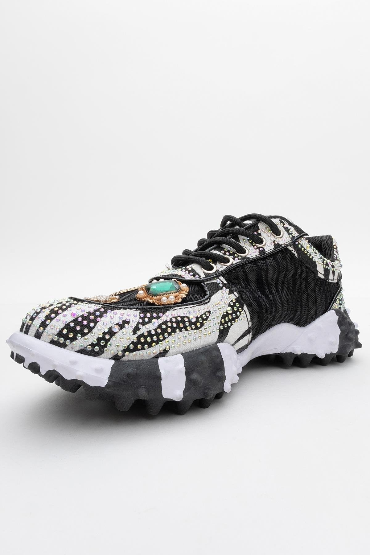 Vero - Black Patterned Jeweled Sneaker – heel view showing leather, mesh, black, Vowalisse