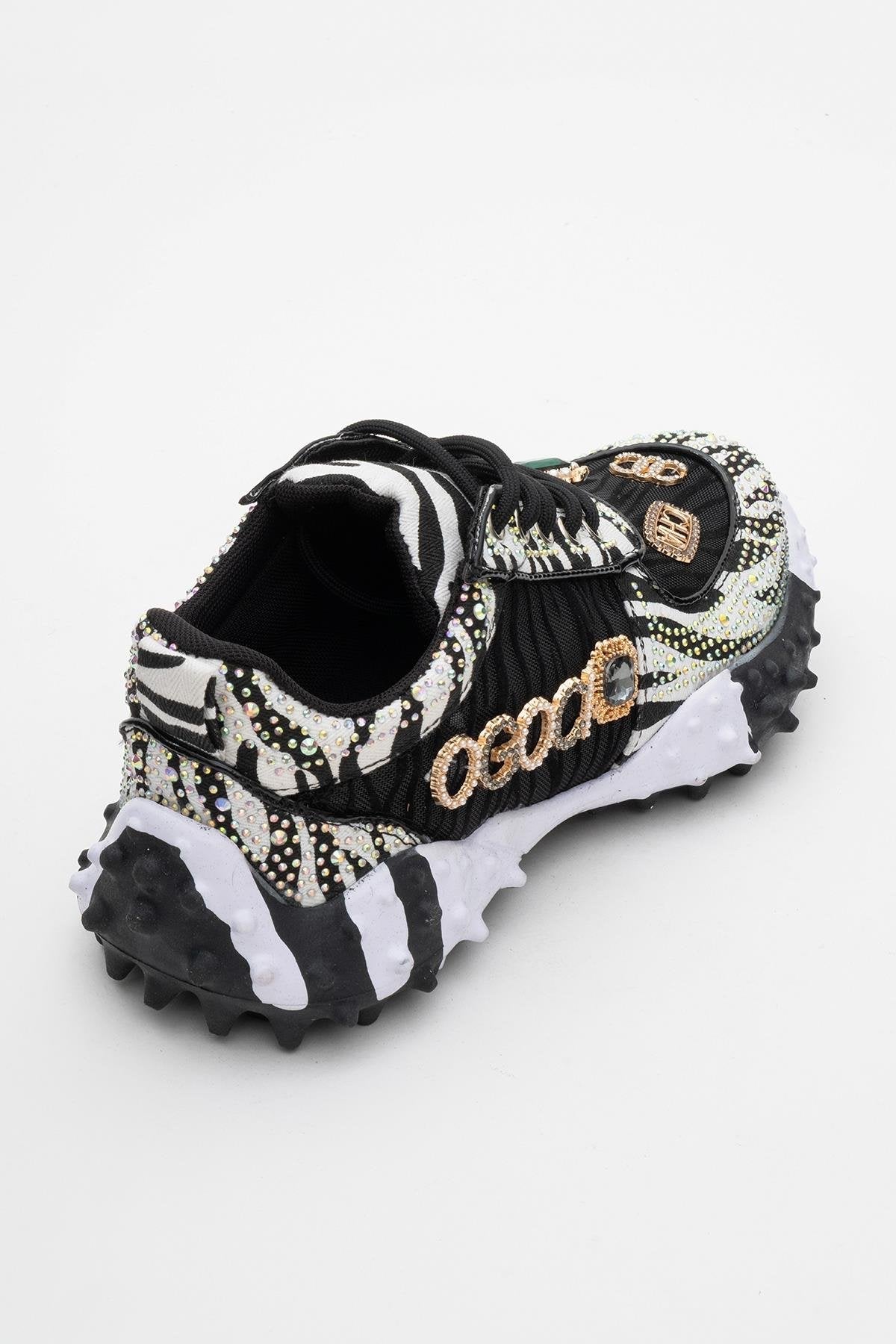 Vero - Black Patterned Jeweled Sneaker – back view showing leather, mesh, black, Vowalisse