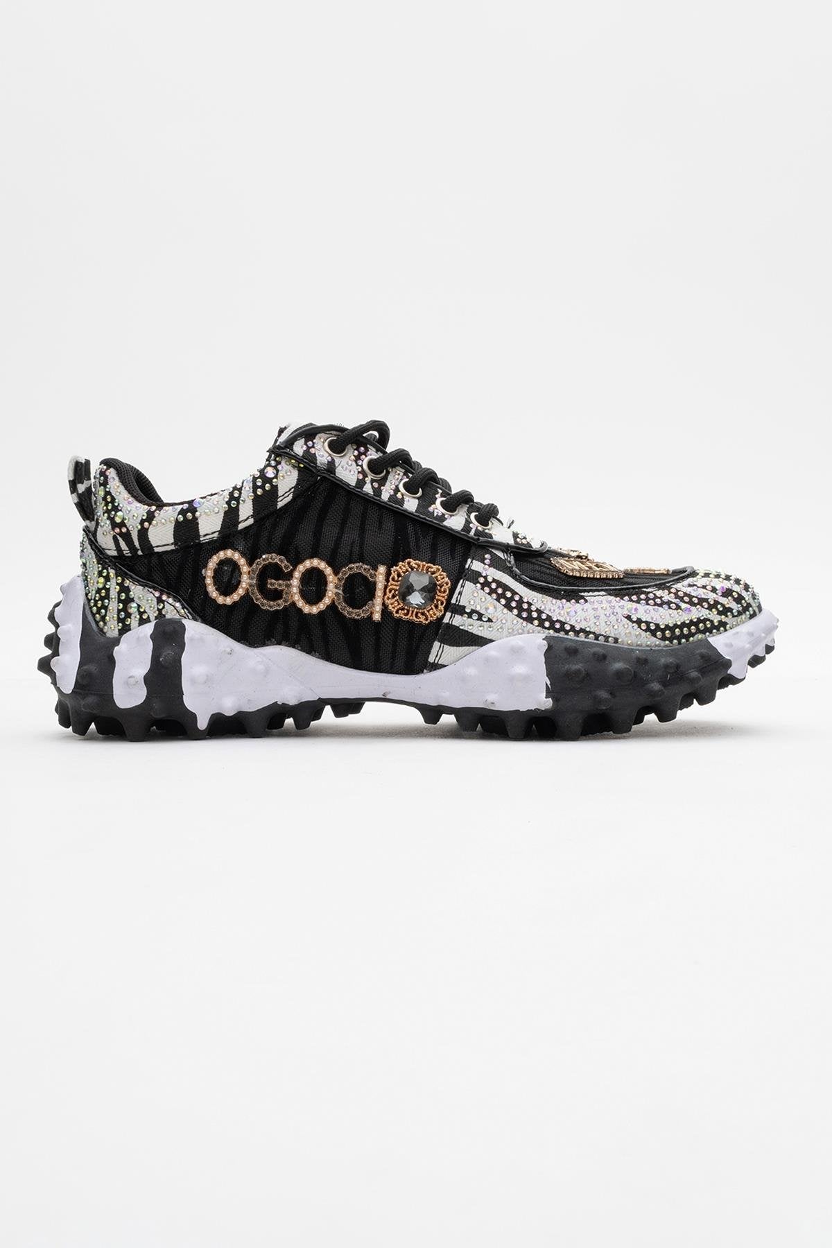 Vero - Black Patterned Jeweled Sneaker – top view showing leather, mesh, black, Vowalisse