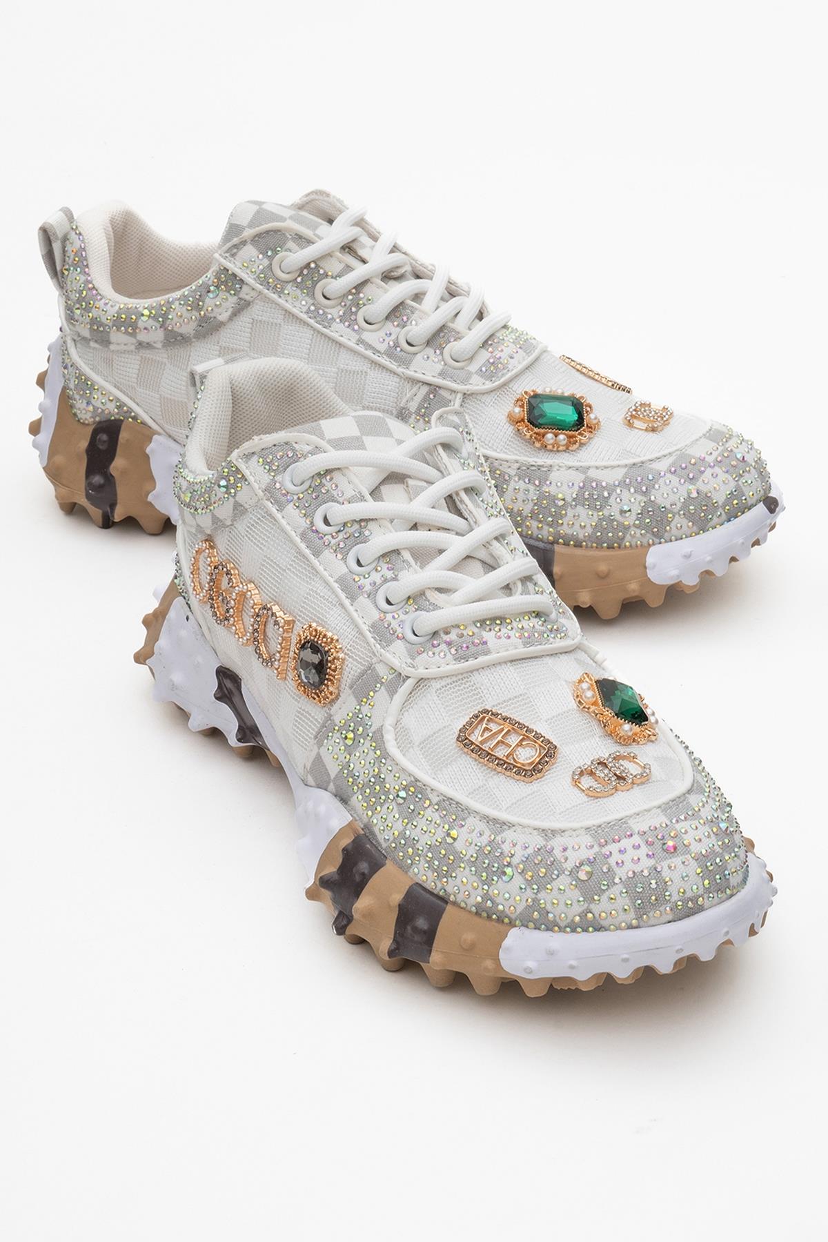 Vero - White Patterned Jeweled Sneaker – front three-quarter view showing leather, mesh, white, Vowalisse