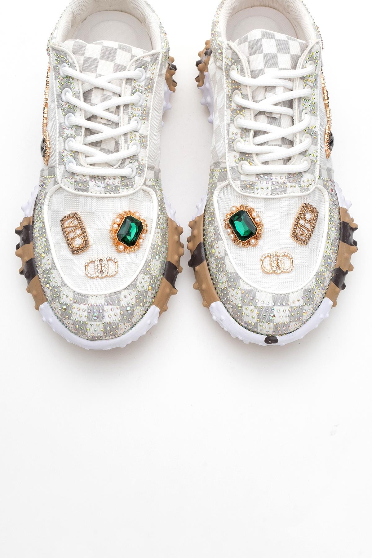 Vero - White Patterned Jeweled Sneaker – side view showing leather, mesh, white, Vowalisse