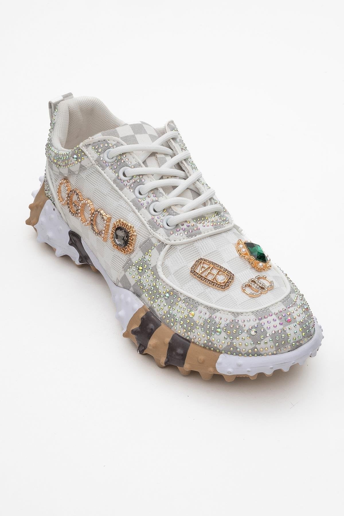 Vero - White Patterned Jeweled Sneaker – detail view showing leather, mesh, white, Vowalisse