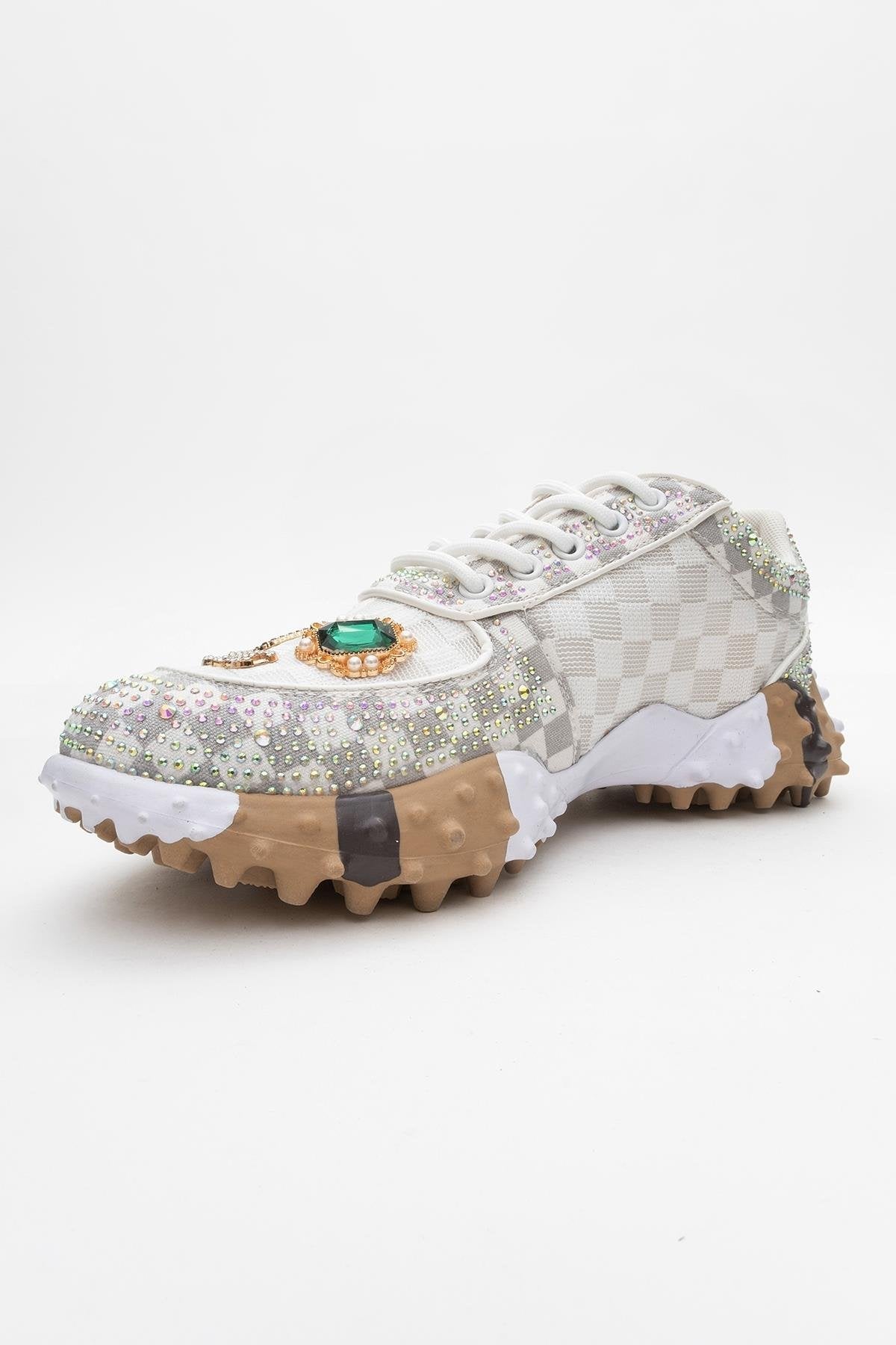 Vero - White Patterned Jeweled Sneaker – heel view showing leather, mesh, white, Vowalisse