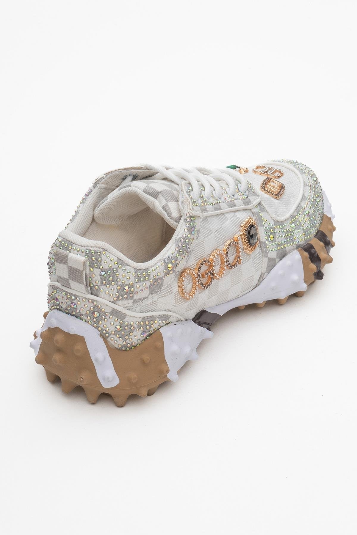 Vero - White Patterned Jeweled Sneaker – back view showing leather, mesh, white, Vowalisse