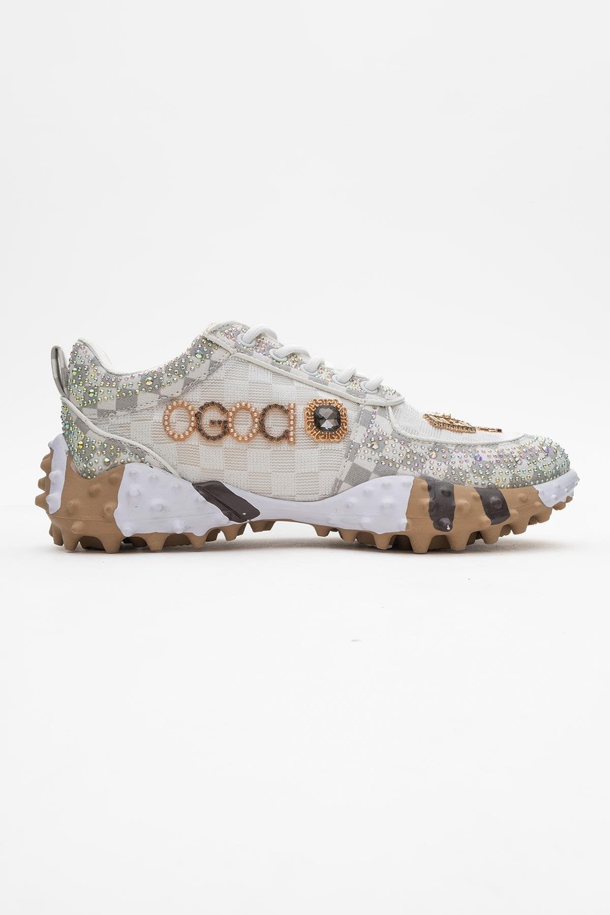 Vero - White Patterned Jeweled Sneaker – top view showing leather, mesh, white, Vowalisse