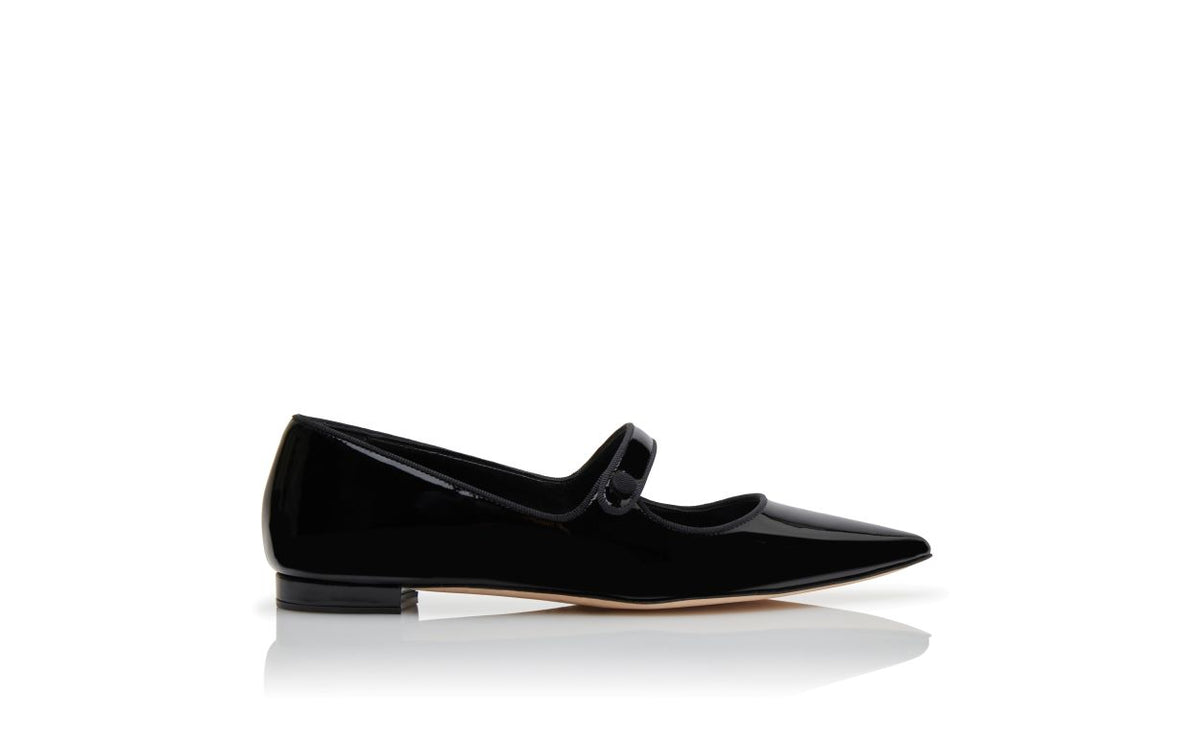 Emmeline Flame Black Pointed Toe Mary Jane Shoes – side profile showing black pointed toe, patent leather, Vowalisse