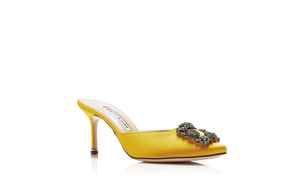Odette Dawn Yellow Jewel Buckle Mules – top view showing yellow jewel buckle, crystal buckle, almond toe, satin, Vowalisse