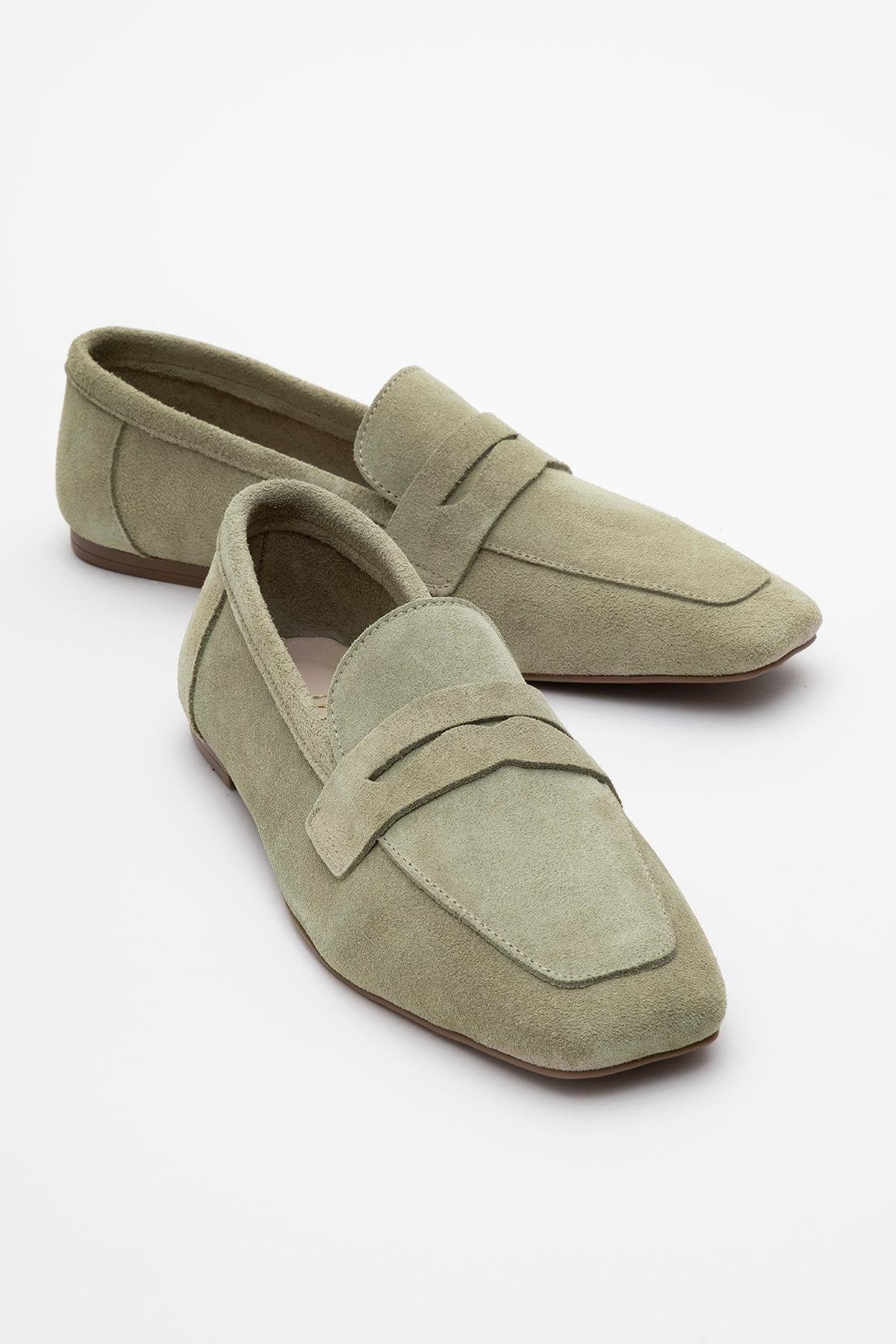 Morne - Sage Green Suede Leather Loafers – front three-quarter view showing leather, suede, green, Vowalisse