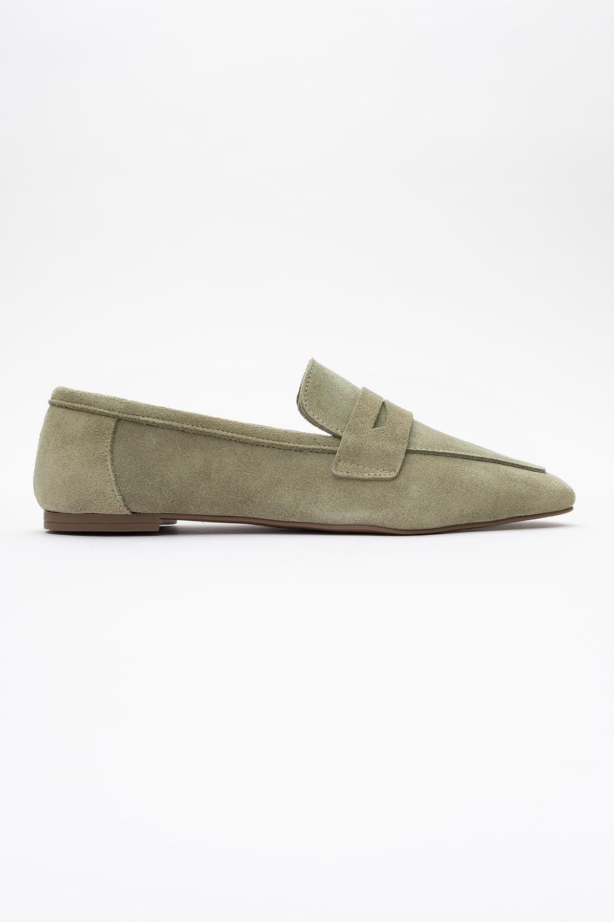 Morne - Sage Green Suede Leather Loafers – top view showing leather, suede, green, Vowalisse