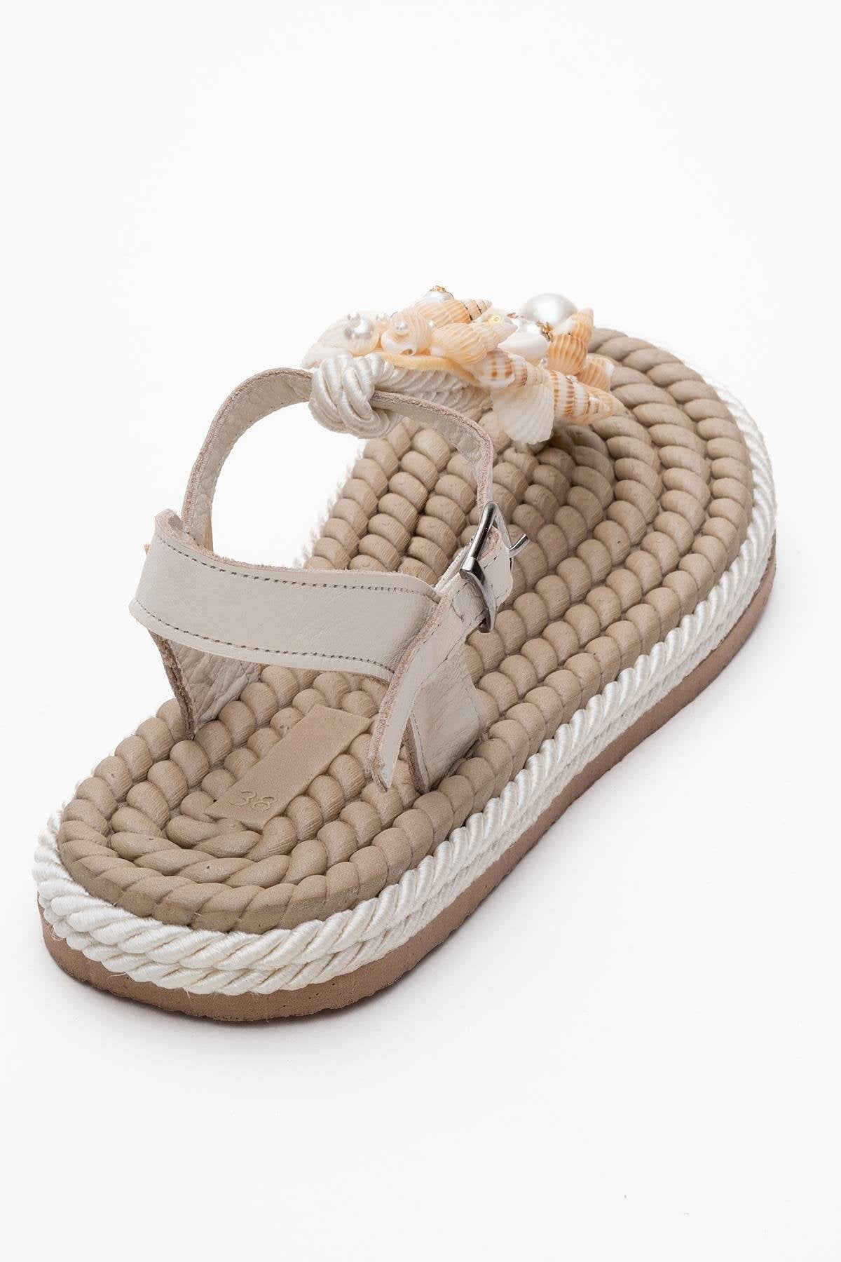 Lely Beige Leather Thong Sandal – back view showing lace, leather, red, Vowalisse