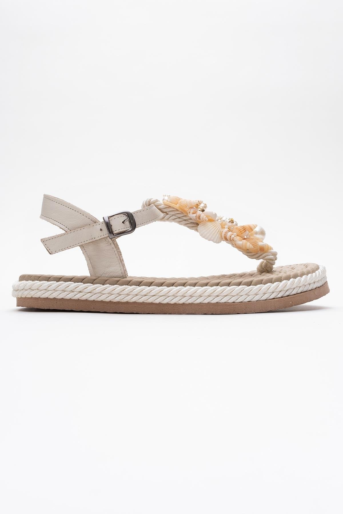 Lely Beige Leather Thong Sandal – top view showing lace, leather, red, Vowalisse