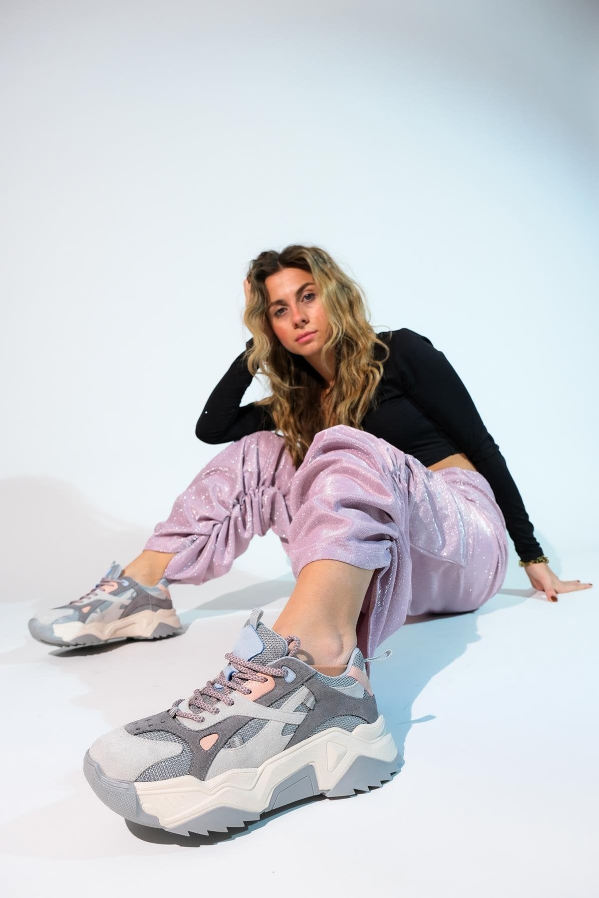 Loretta - Gray Pink Platform Sneakers – side view showing pink, red, Vowalisse