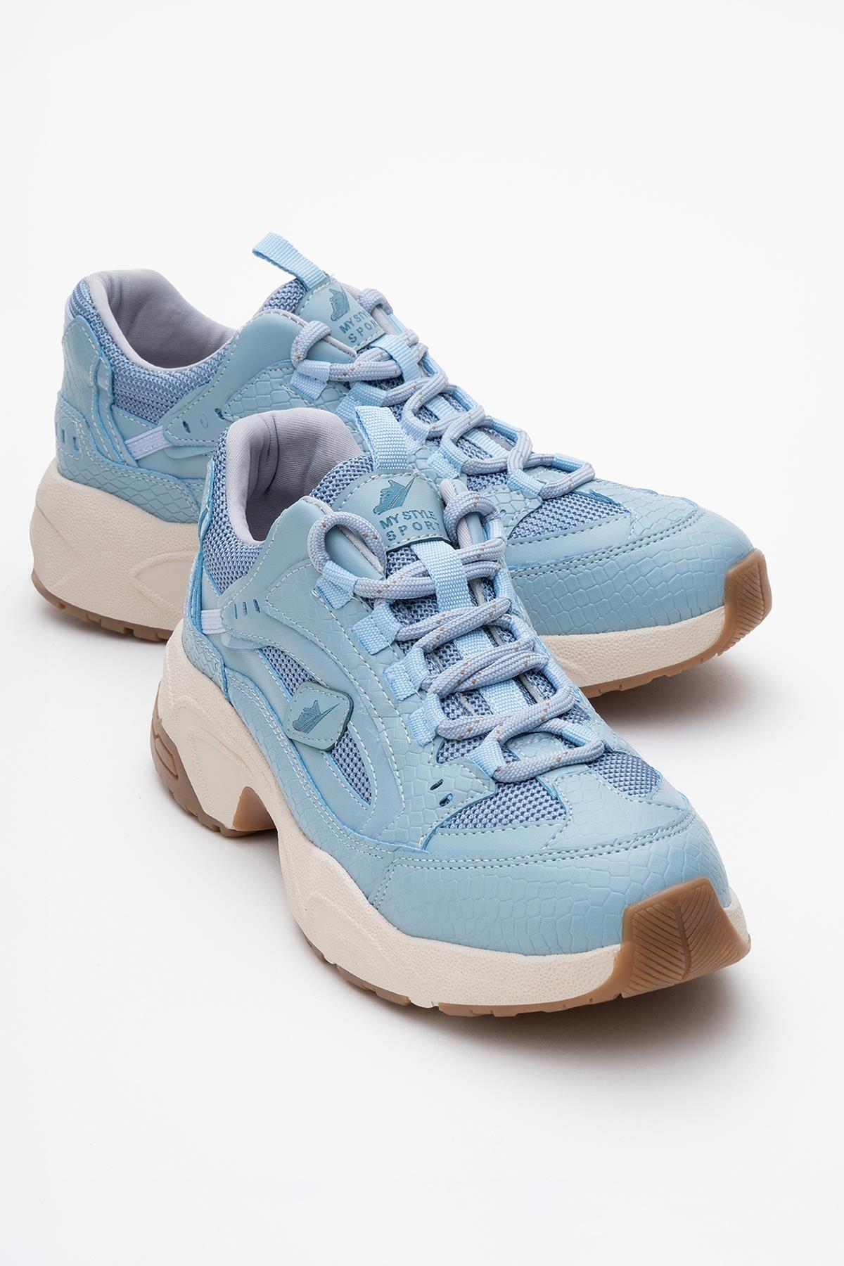 Bambi - Blue Printed Mesh Sneaker – front three-quarter view showing leather, mesh, blue, Vowalisse