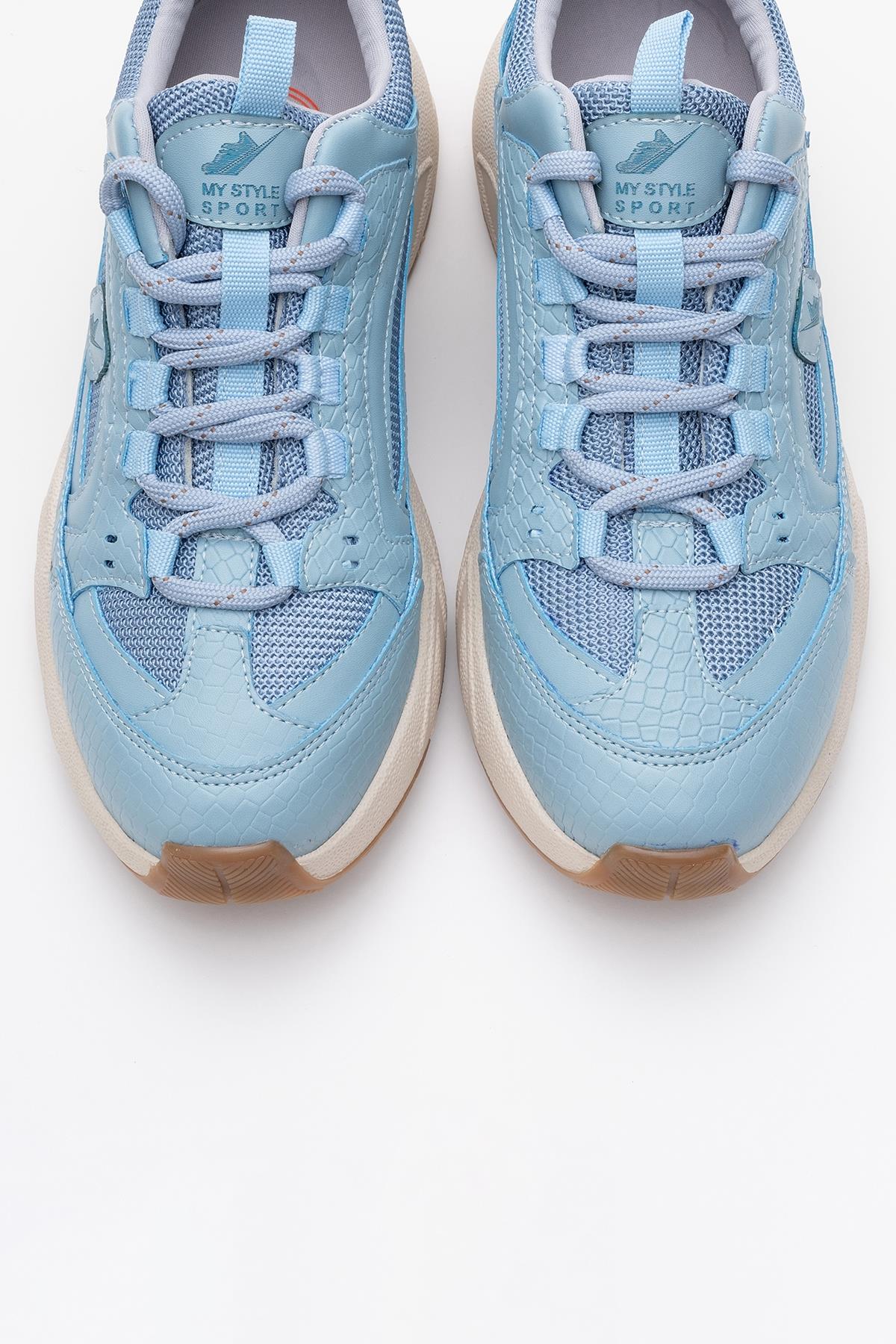 Bambi - Blue Printed Mesh Sneaker – side view showing leather, mesh, blue, Vowalisse