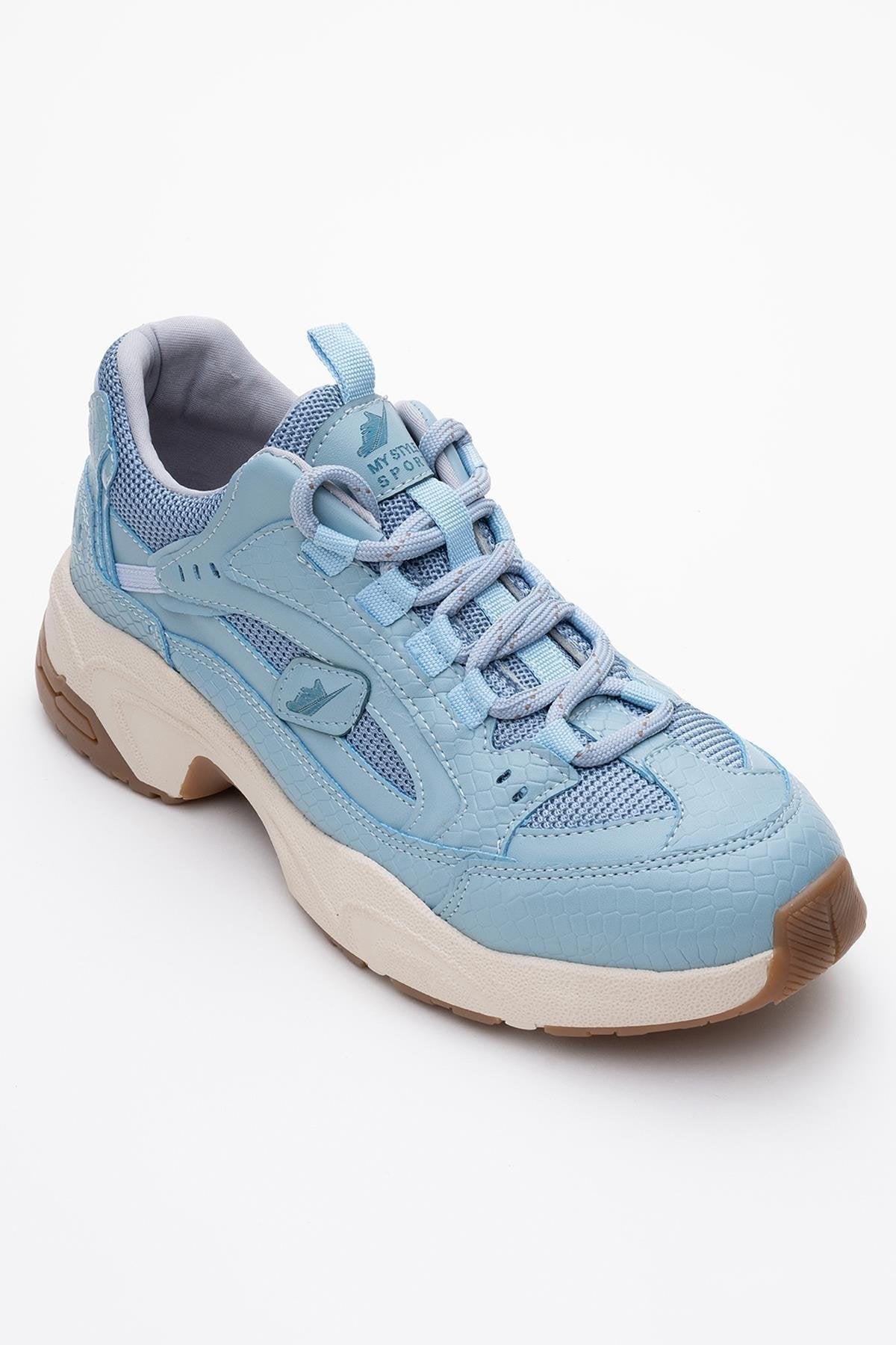 Bambi - Blue Printed Mesh Sneaker – detail view showing leather, mesh, blue, Vowalisse
