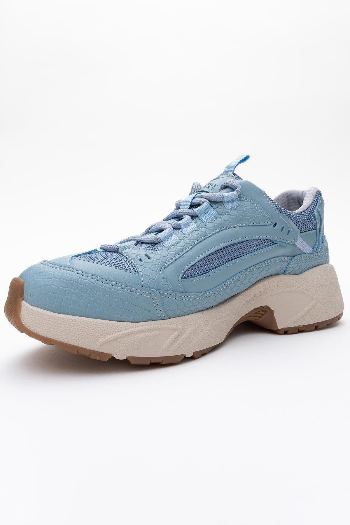 Bambi - Blue Printed Mesh Sneaker – heel view showing leather, mesh, blue, Vowalisse