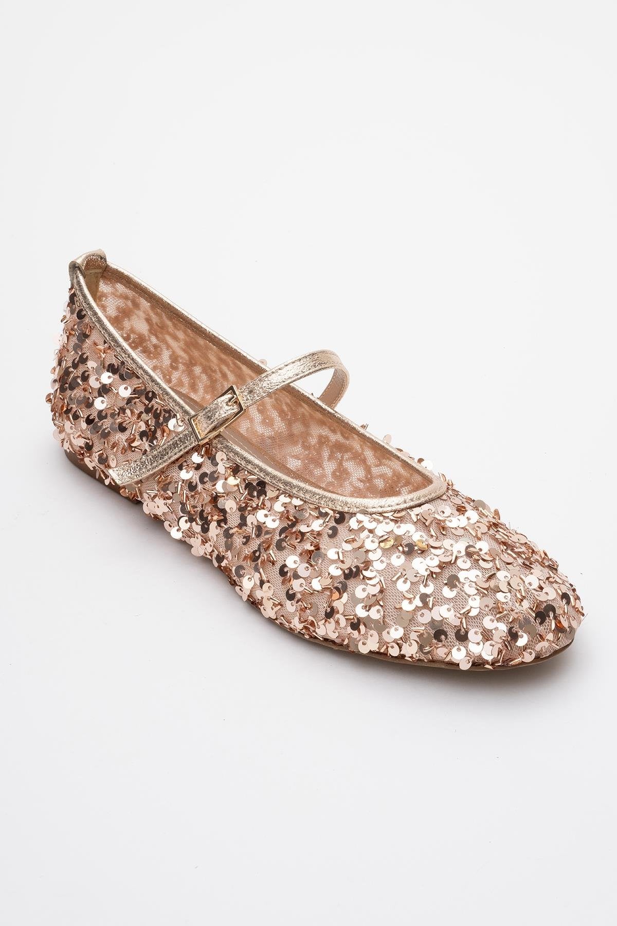 Lush - Rose Sequin Single-Band Ballet Flat – detail view showing leather, sequin, mesh, Vowalisse