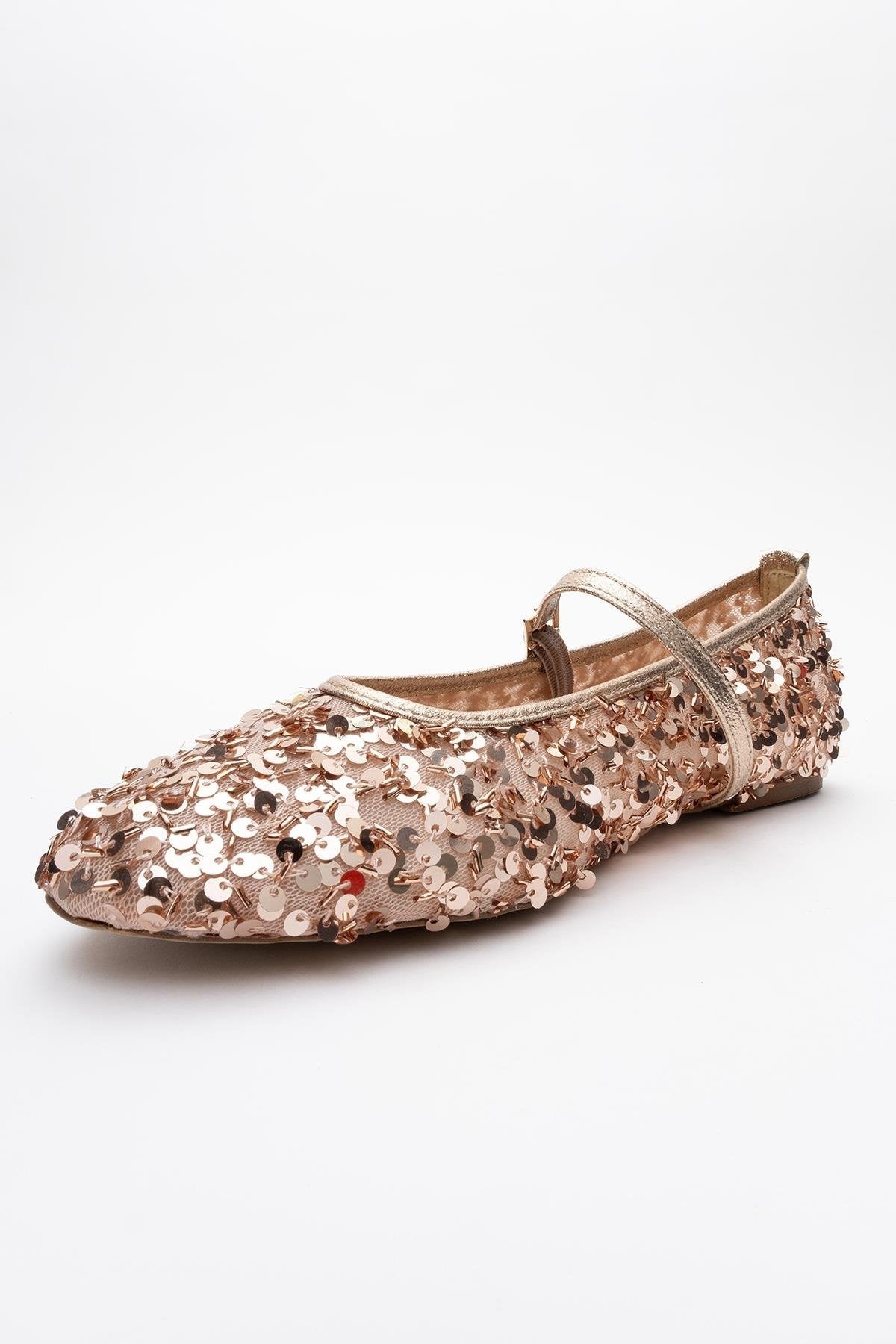 Lush - Rose Sequin Single-Band Ballet Flat – heel view showing leather, sequin, mesh, Vowalisse