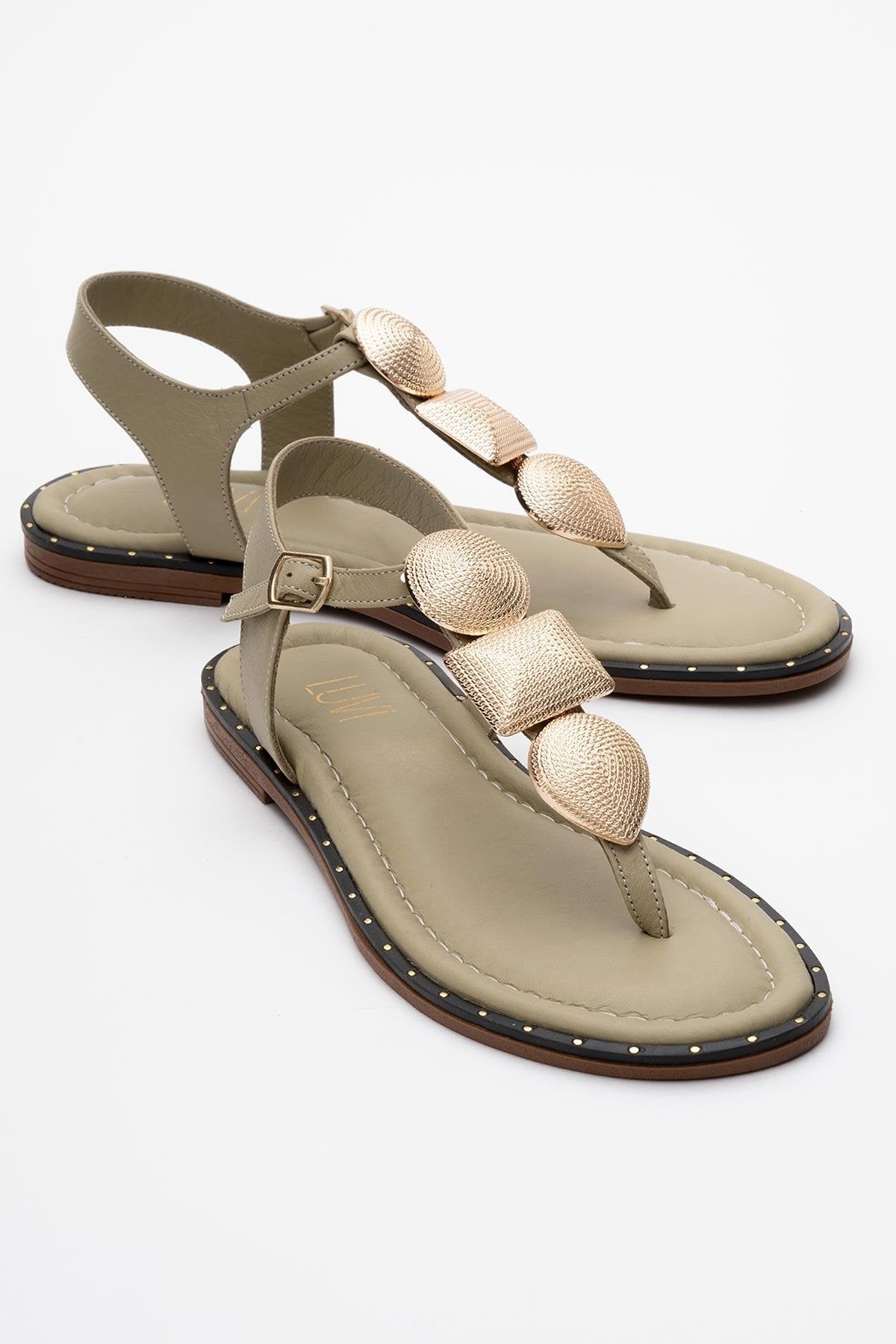 Giulia - Green Leather Flat Sandal – front three-quarter view showing leather, gold, green, Vowalisse