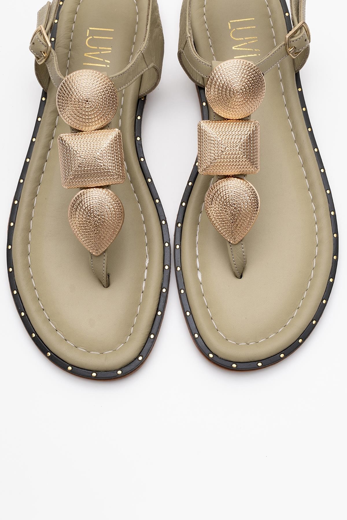 Giulia - Green Leather Flat Sandal – side view showing leather, gold, green, Vowalisse