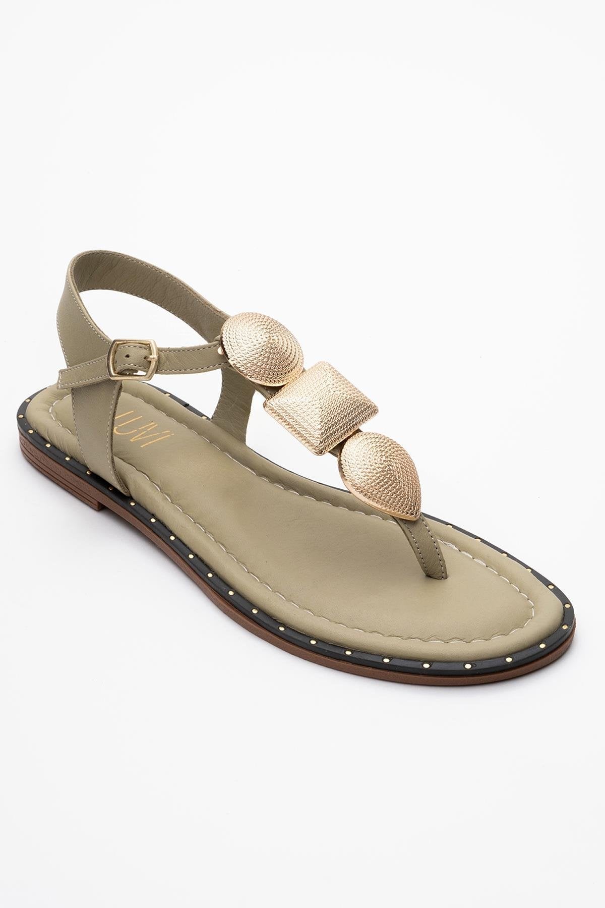 Giulia - Green Leather Flat Sandal – detail view showing leather, gold, green, Vowalisse