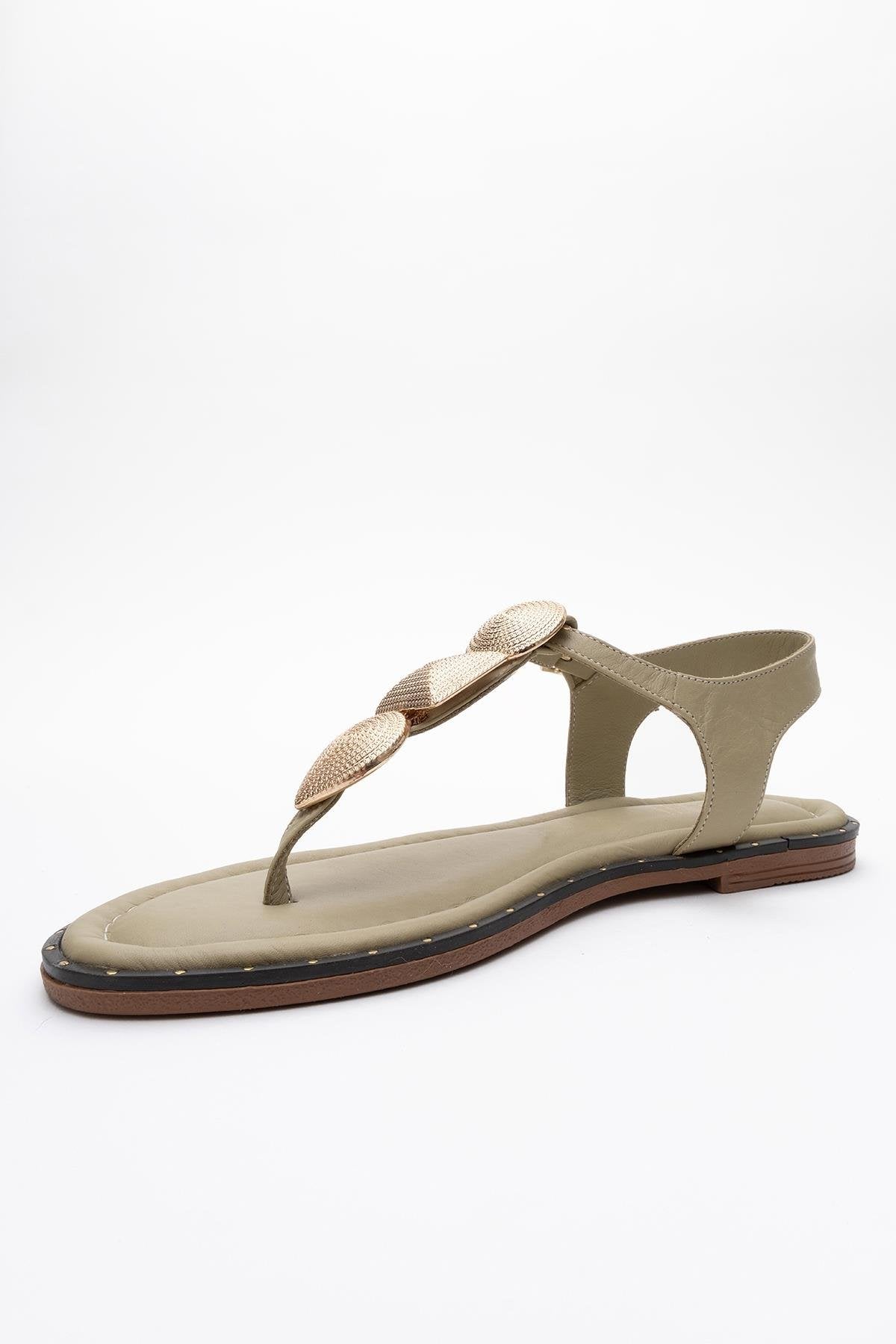 Giulia - Green Leather Flat Sandal – heel view showing leather, gold, green, Vowalisse