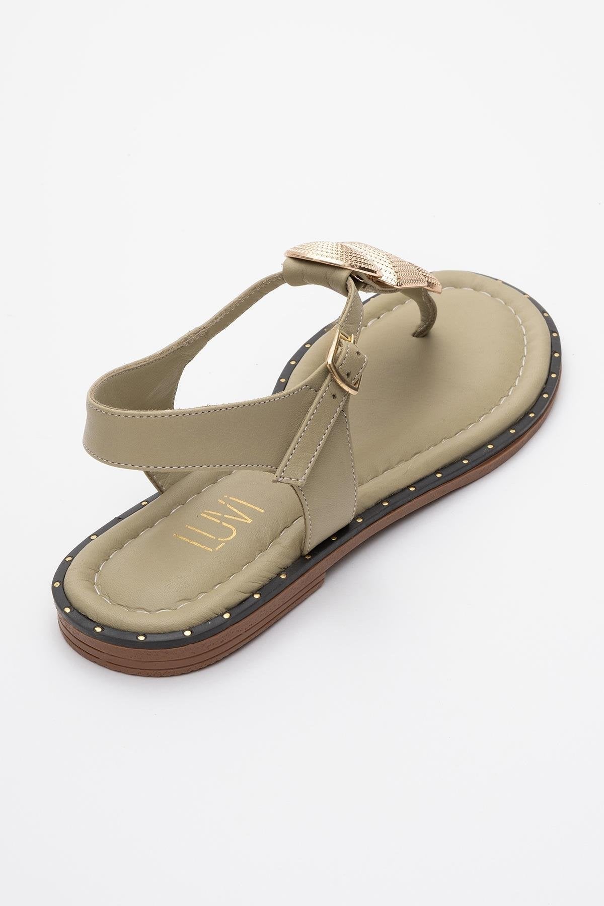 Giulia - Green Leather Flat Sandal – back view showing leather, gold, green, Vowalisse