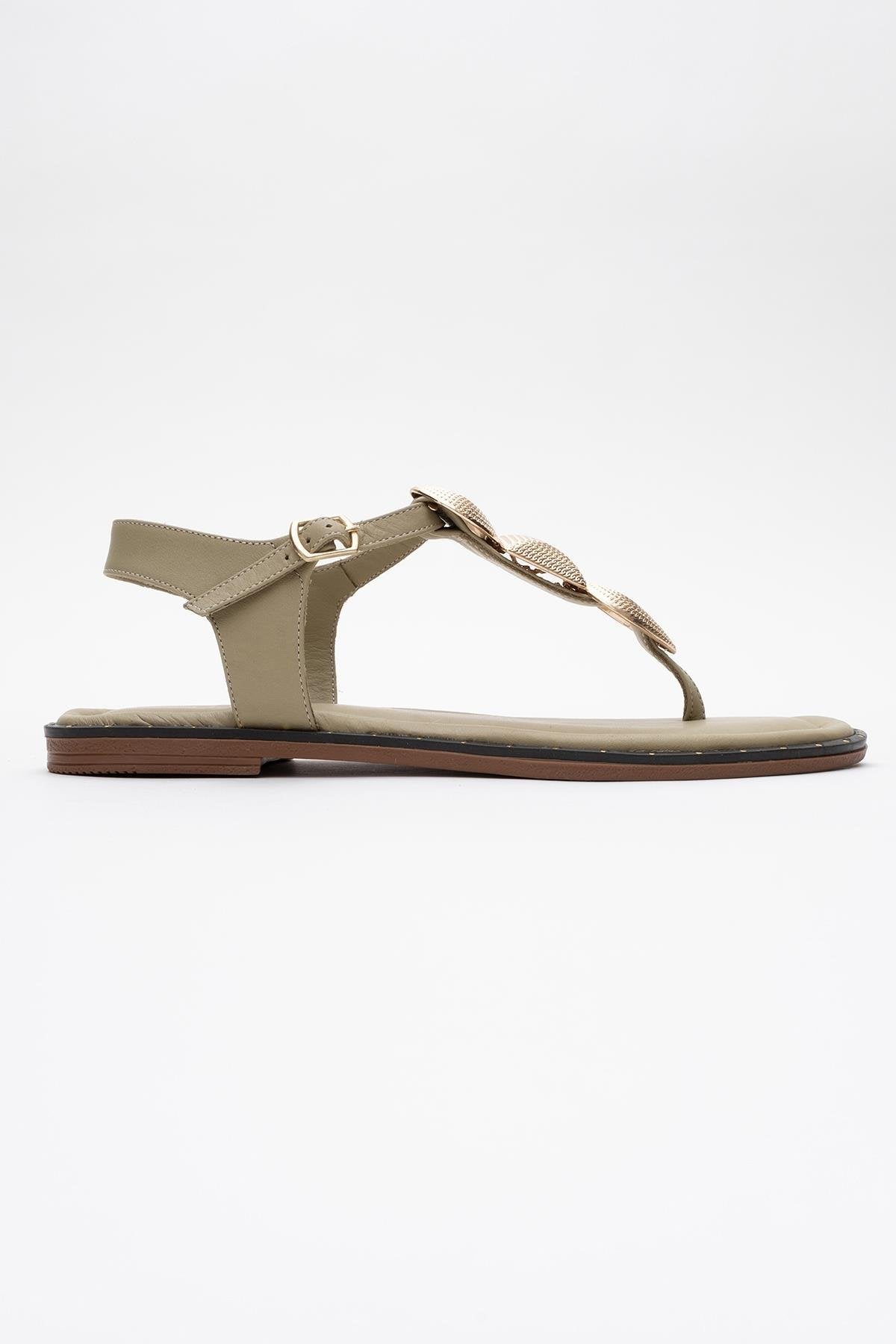 Giulia - Green Leather Flat Sandal – top view showing leather, gold, green, Vowalisse