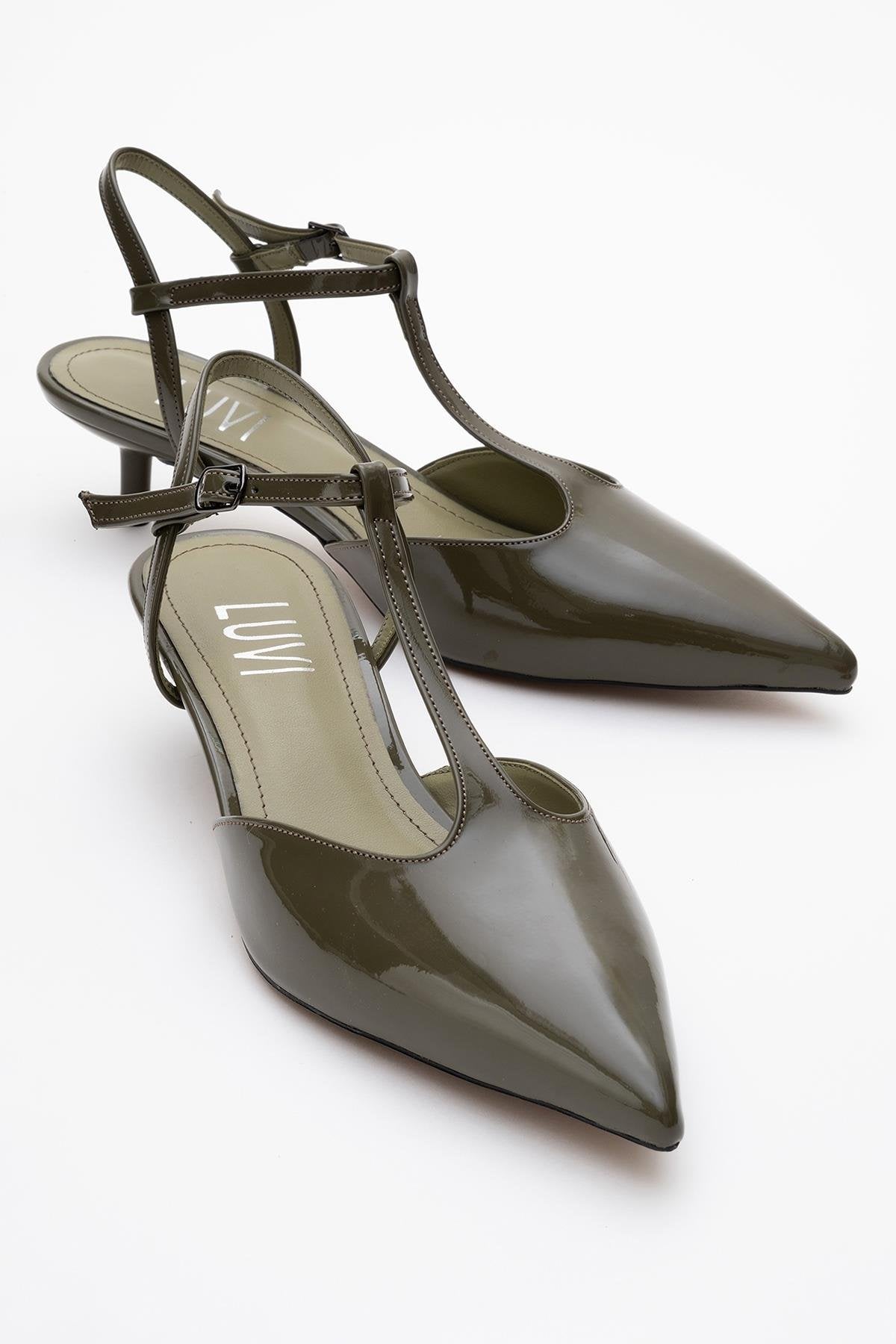 Asher - Khaki Pointed Toe Backless Short Heel Shoe – front three-quarter view showing leather, Vowalisse