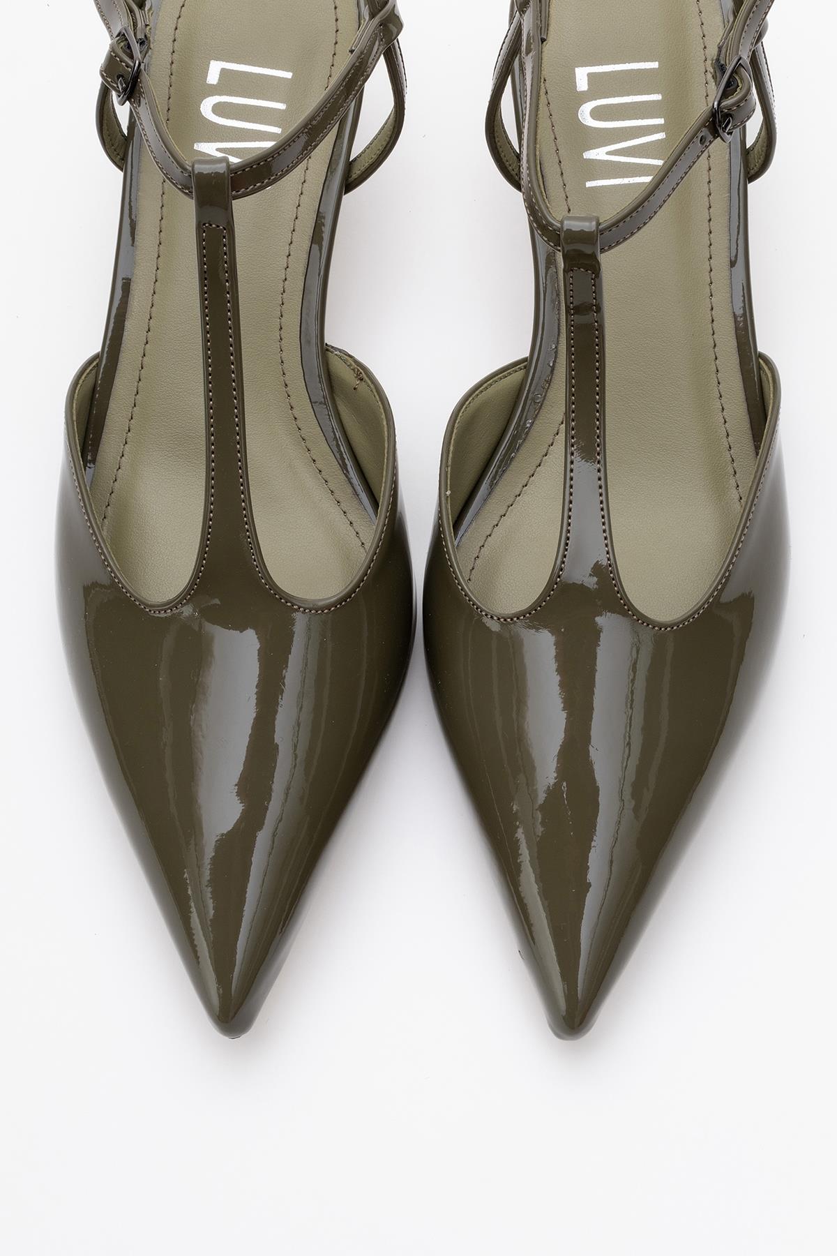 Asher - Khaki Pointed Toe Backless Short Heel Shoe – side view showing leather, Vowalisse