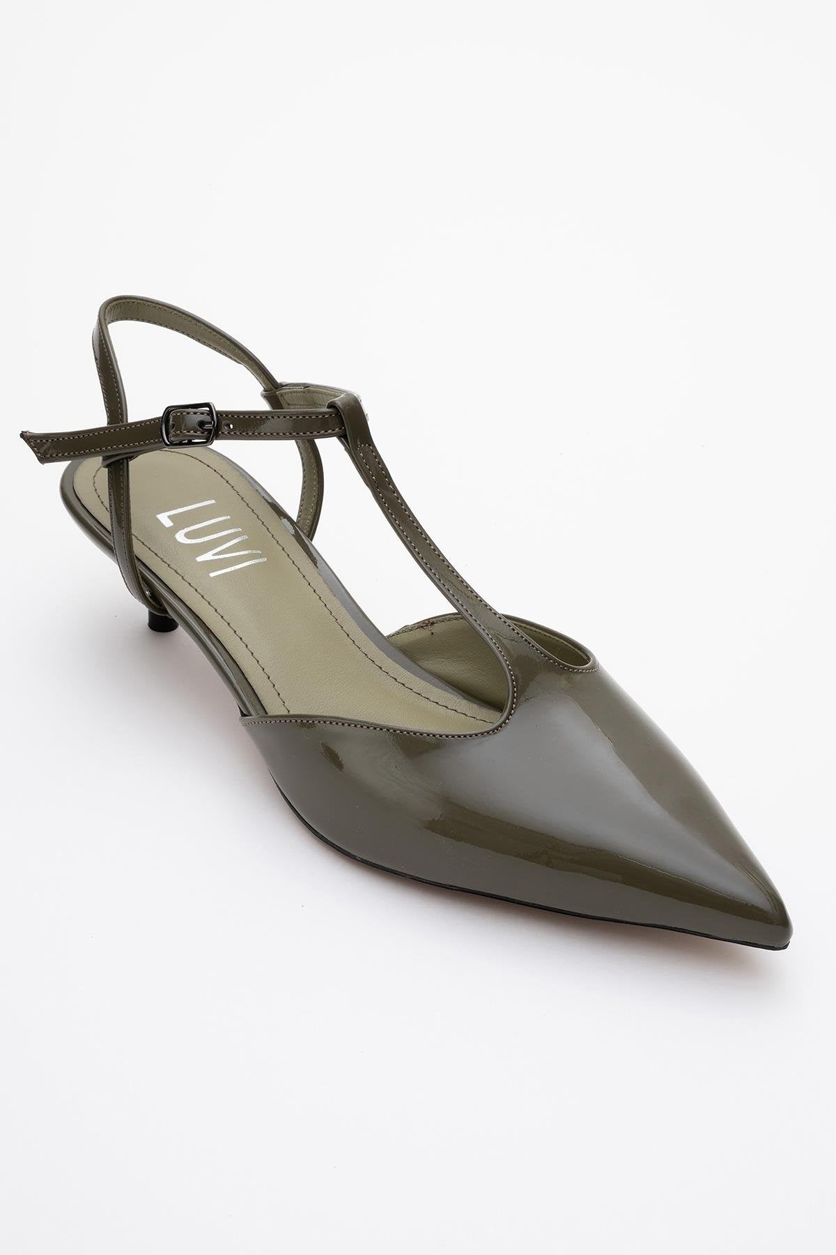 Asher - Khaki Pointed Toe Backless Short Heel Shoe – detail view showing leather, Vowalisse