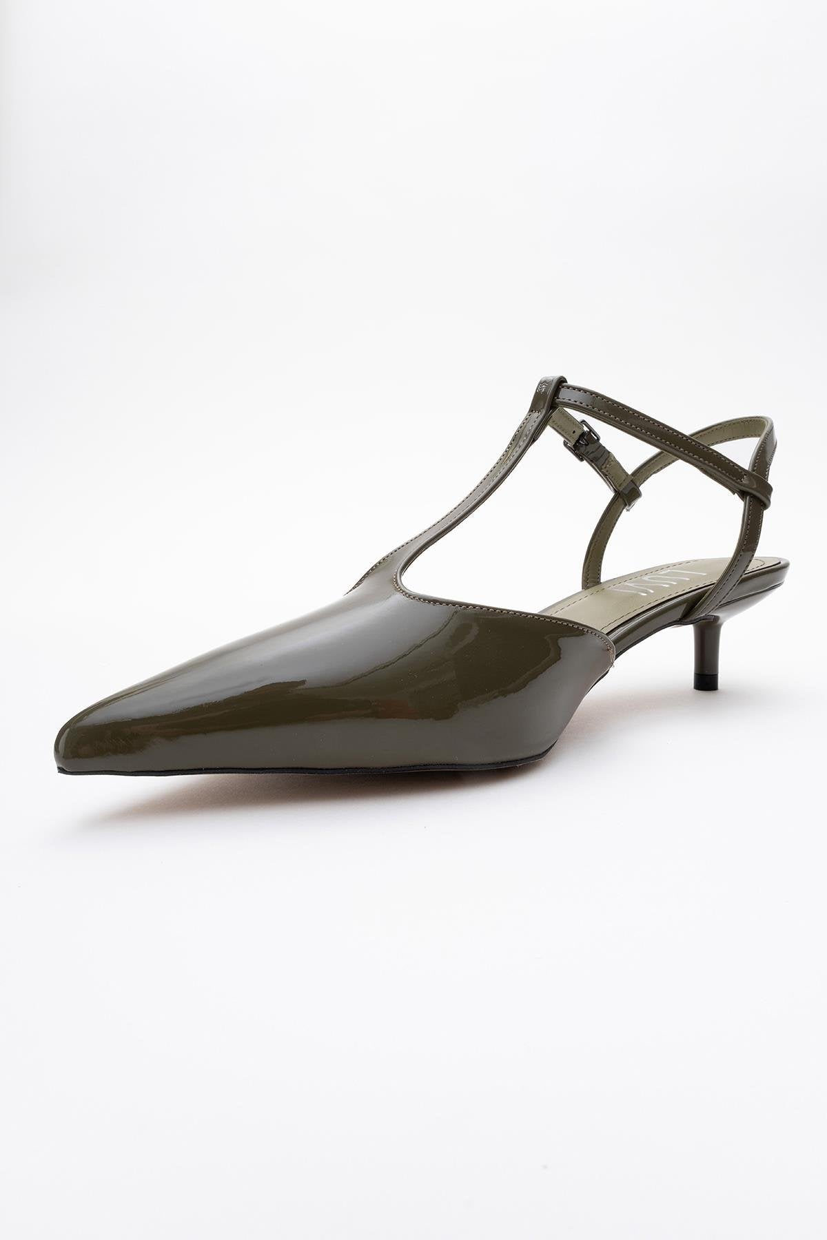 Asher - Khaki Pointed Toe Backless Short Heel Shoe – heel view showing leather, Vowalisse