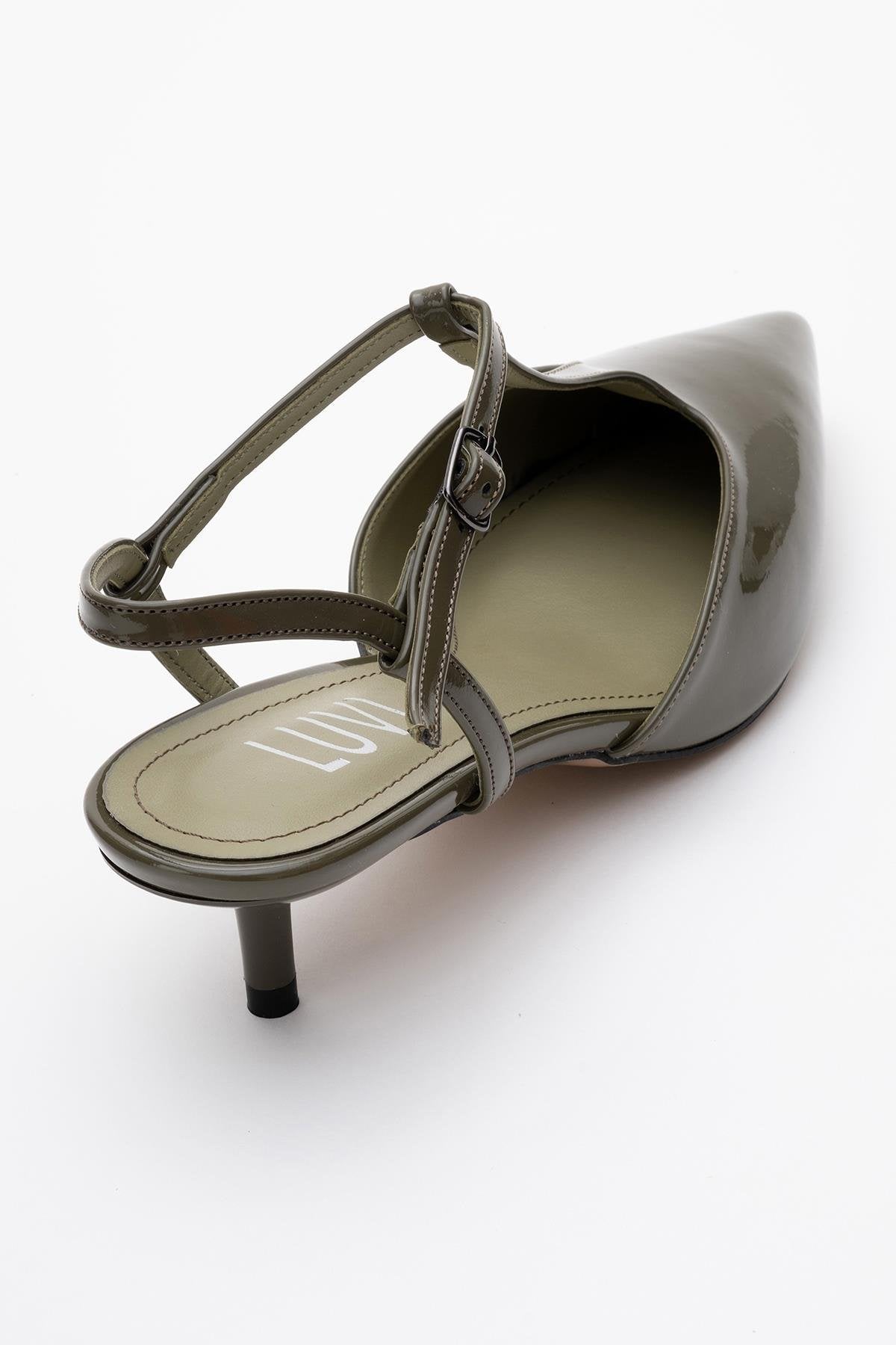 Asher - Khaki Pointed Toe Backless Short Heel Shoe – back view showing leather, Vowalisse