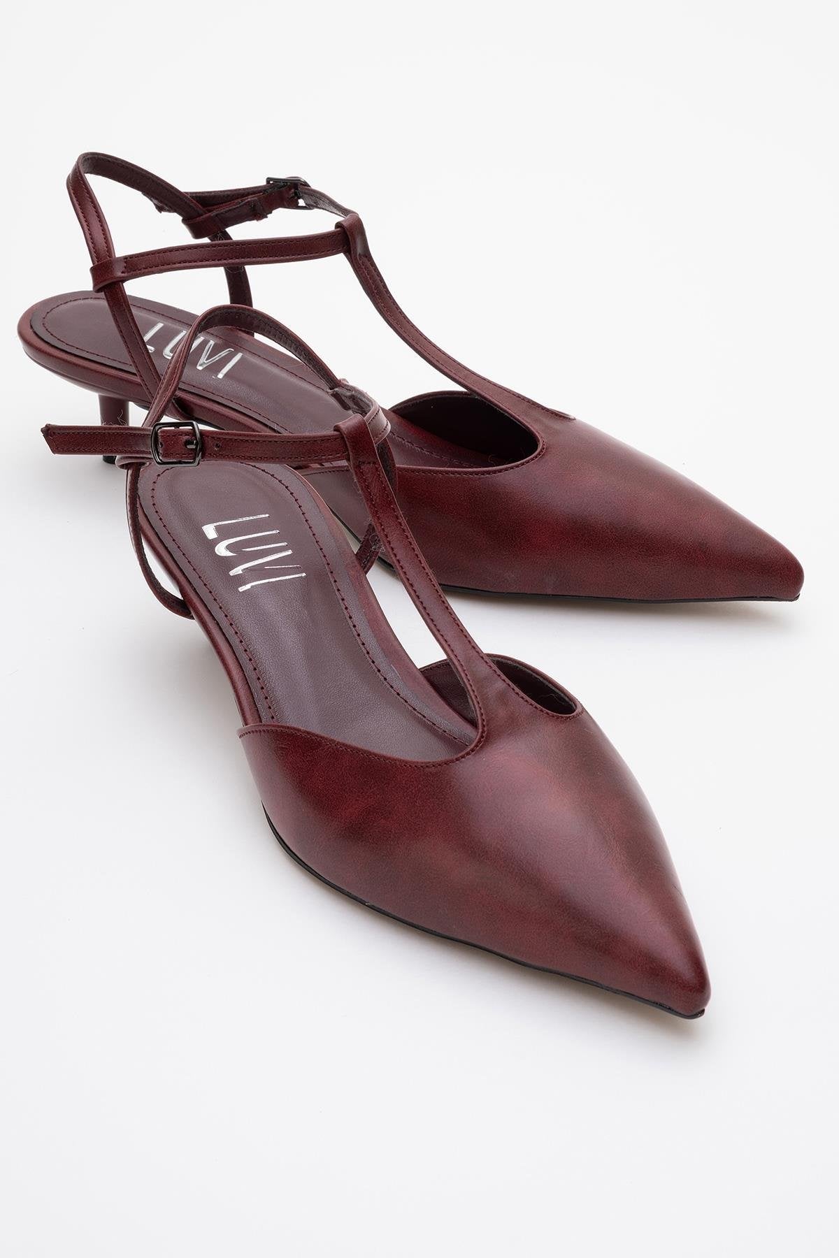 Asher - Burgundy Pointed Toe Backless Low Heel Pump – front three-quarter view showing leather, Vowalisse
