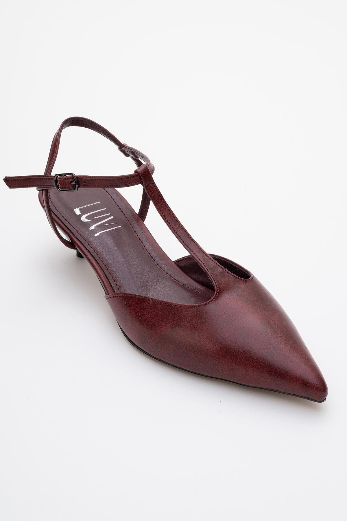 Asher - Burgundy Pointed Toe Backless Low Heel Pump – detail view showing leather, Vowalisse