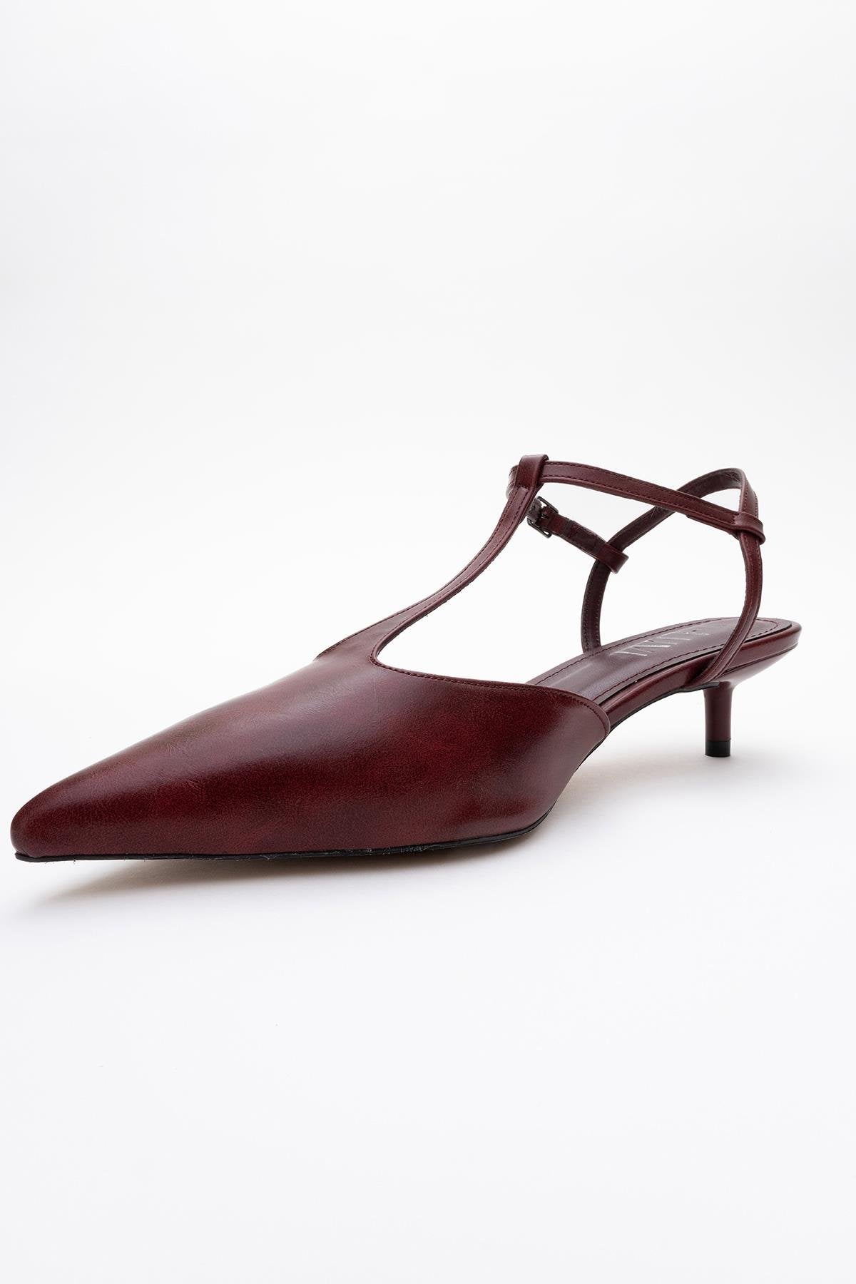 Asher - Burgundy Pointed Toe Backless Low Heel Pump – heel view showing leather, Vowalisse