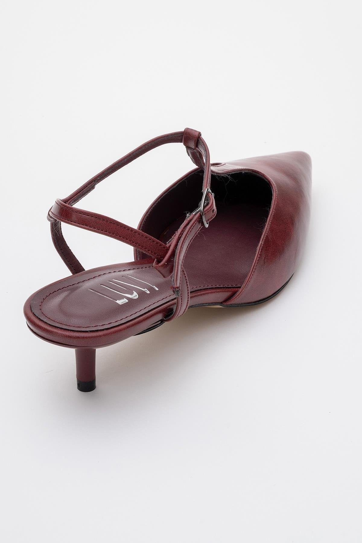 Asher - Burgundy Pointed Toe Backless Low Heel Pump – back view showing leather, Vowalisse